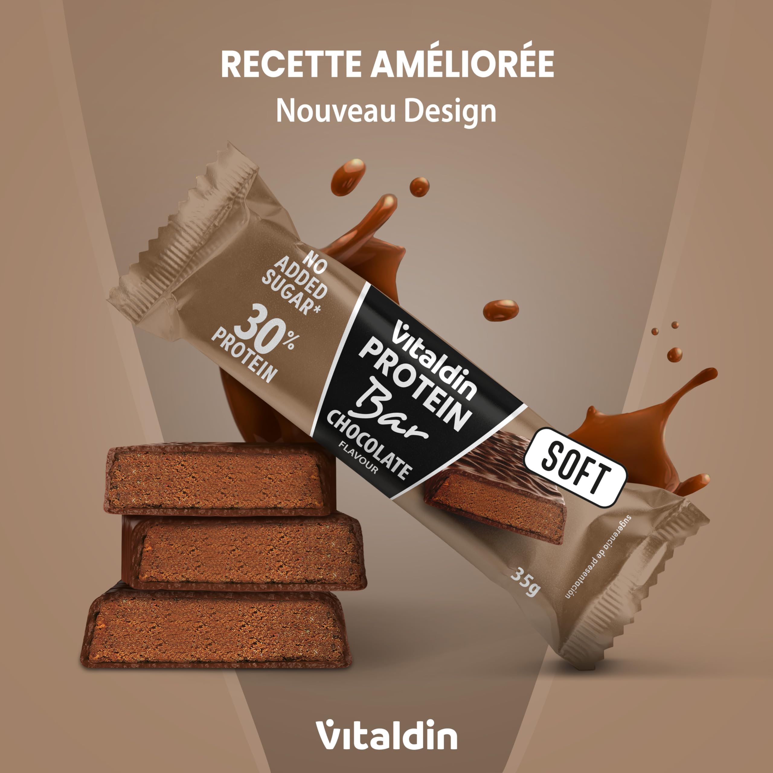 VITALDIN Barre Protéinée Chocolat – 30% Protéines avec Collagène Hydrolysé – Faible en Glucides & Calories – Sans Sucres Ajoutés – 0,2 g de Sucre – Snack Sain – Pré & Post Entraînement – 12 barres