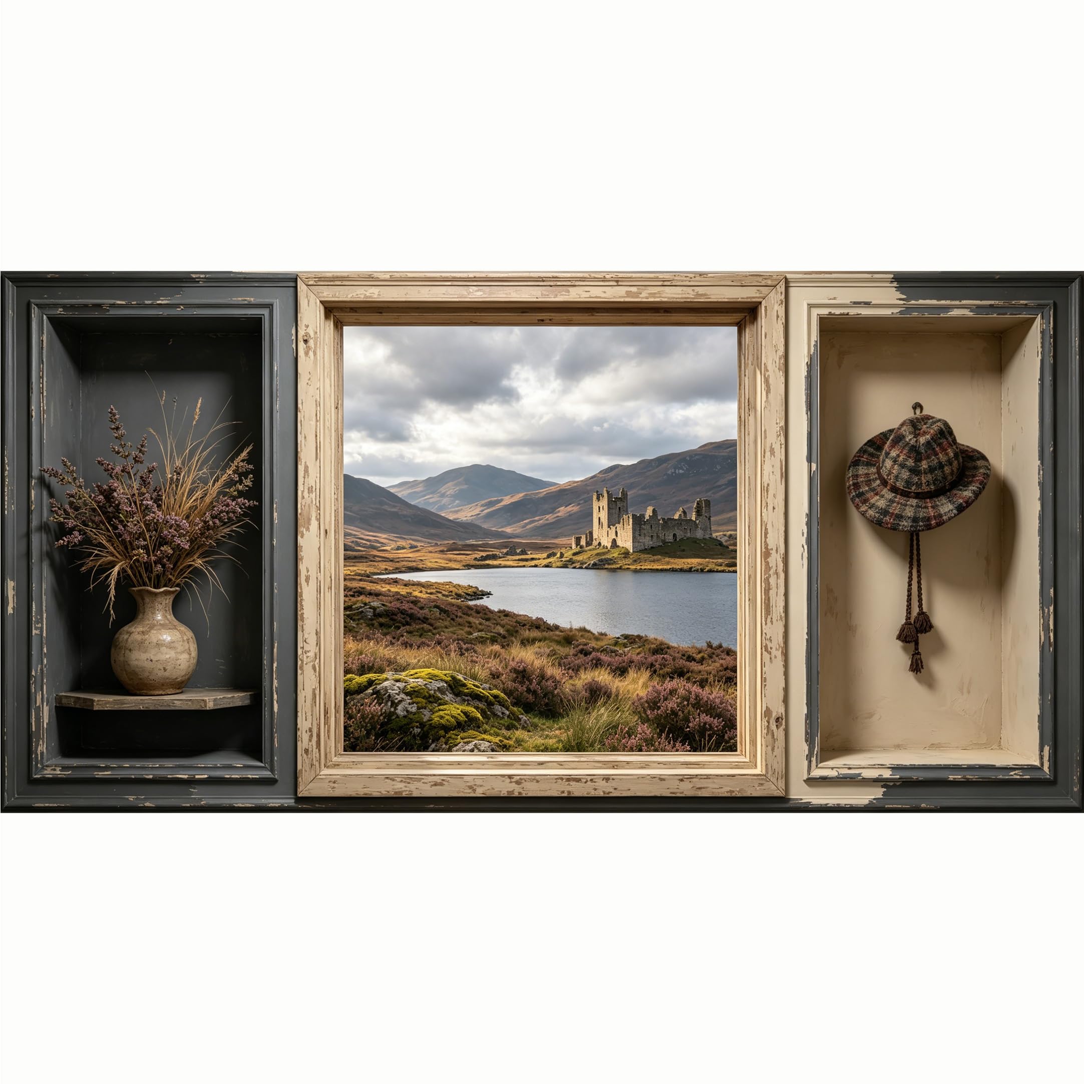QZLITHOTIC 50x100cm 3D Framed Wall Art， Scottish Highland Castle Lake Landscape Self‑Adhesive Mural， Water‑Activated Peel & Stick Fabric Decor Wall Decal for Bedroom Living Room