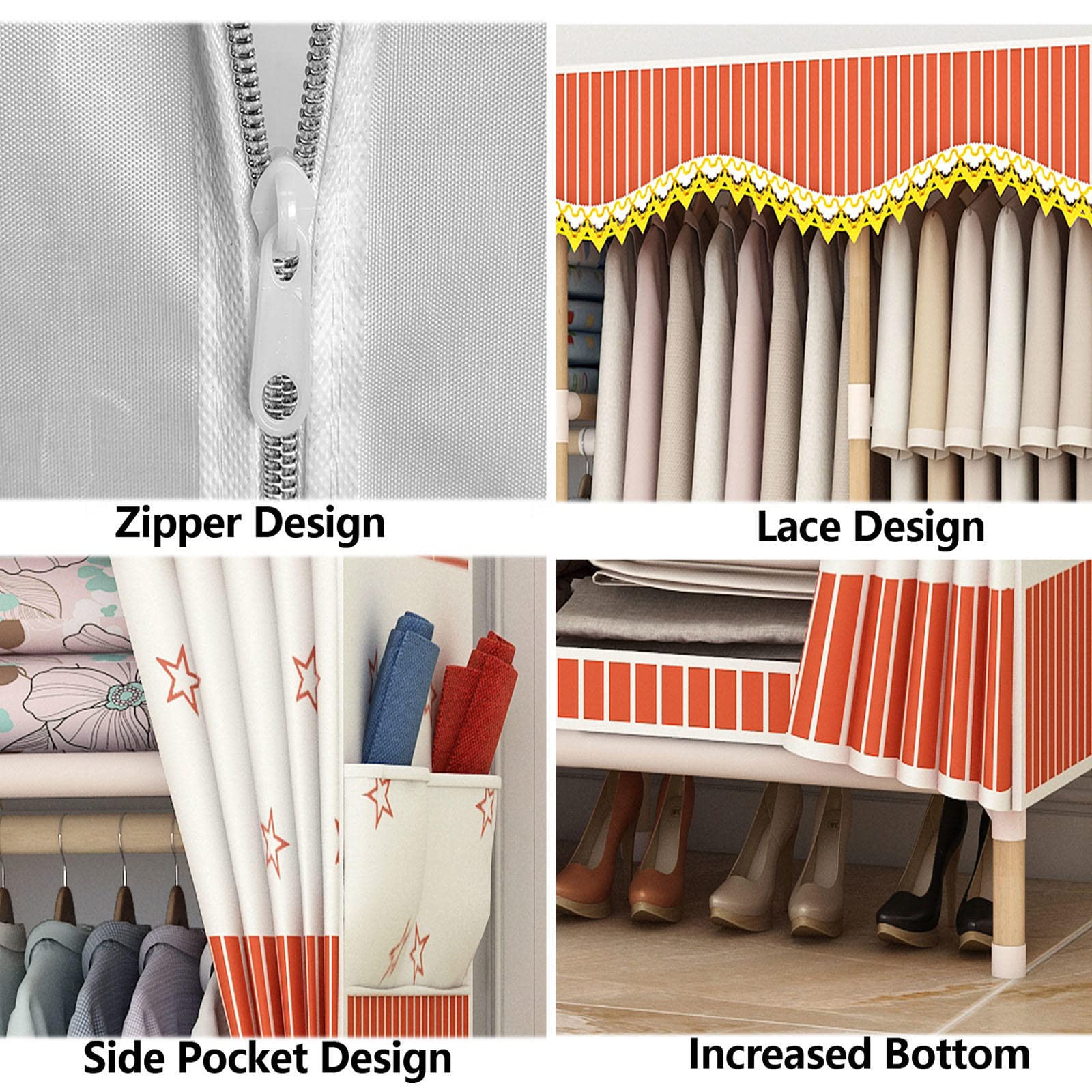 Leinwand-Kleiderschrank, Stoff-Kleiderschrank, tragbare Kleiderschrank-Regale für Schlafzimmer, Kleiderschrank-Aufbewahrungsorganisator mit Kleiderstange und Seitentaschen, B-100 x