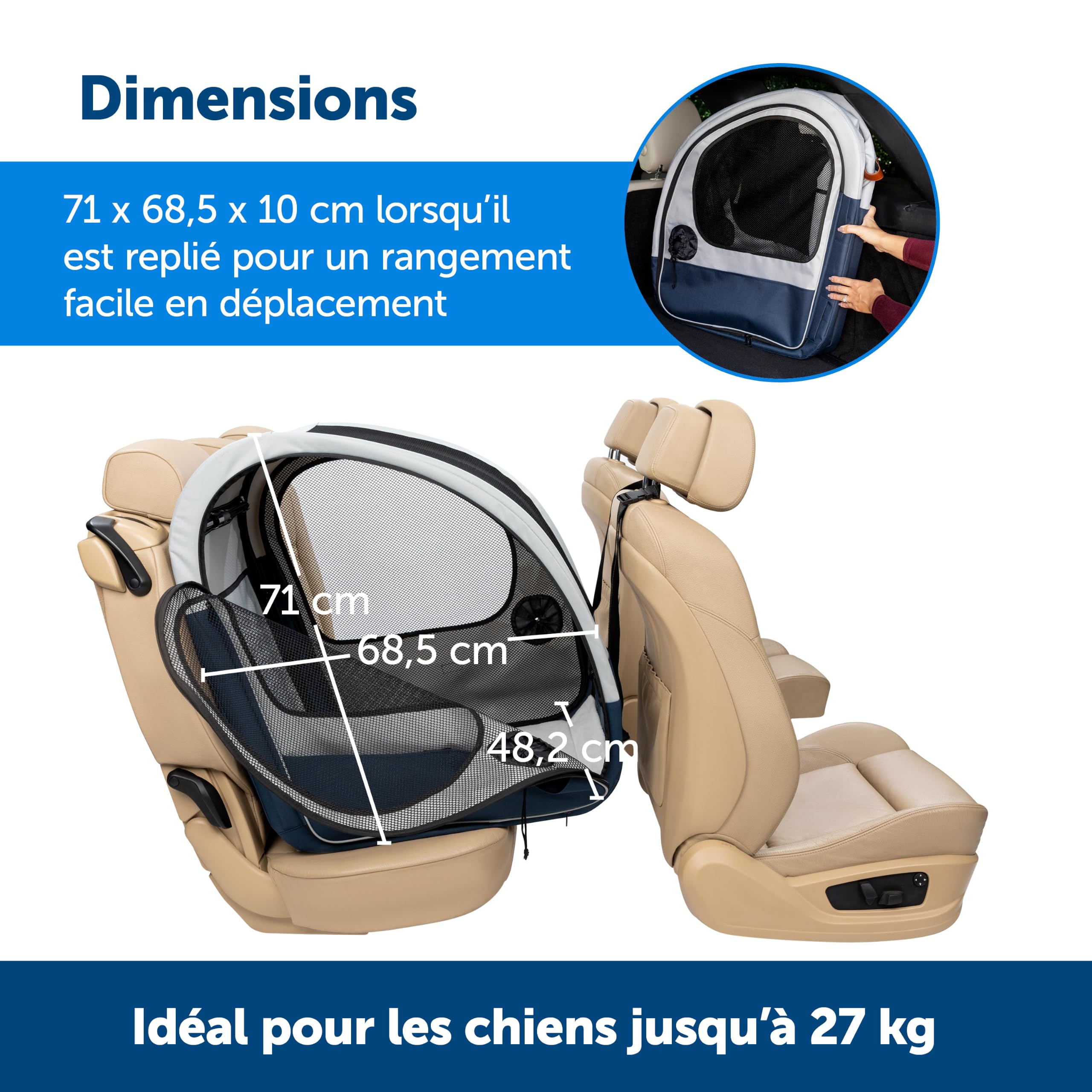PetSafe Cabine de Voyage Pliable pour Animaux jusqu'à 27 kg, se Plie pour Un Rangement Facile, Doublure molletonnée,Lavable en Machine, 2 Poches de Rangement, Gris/Bleu étanche, Lavable à la Machine