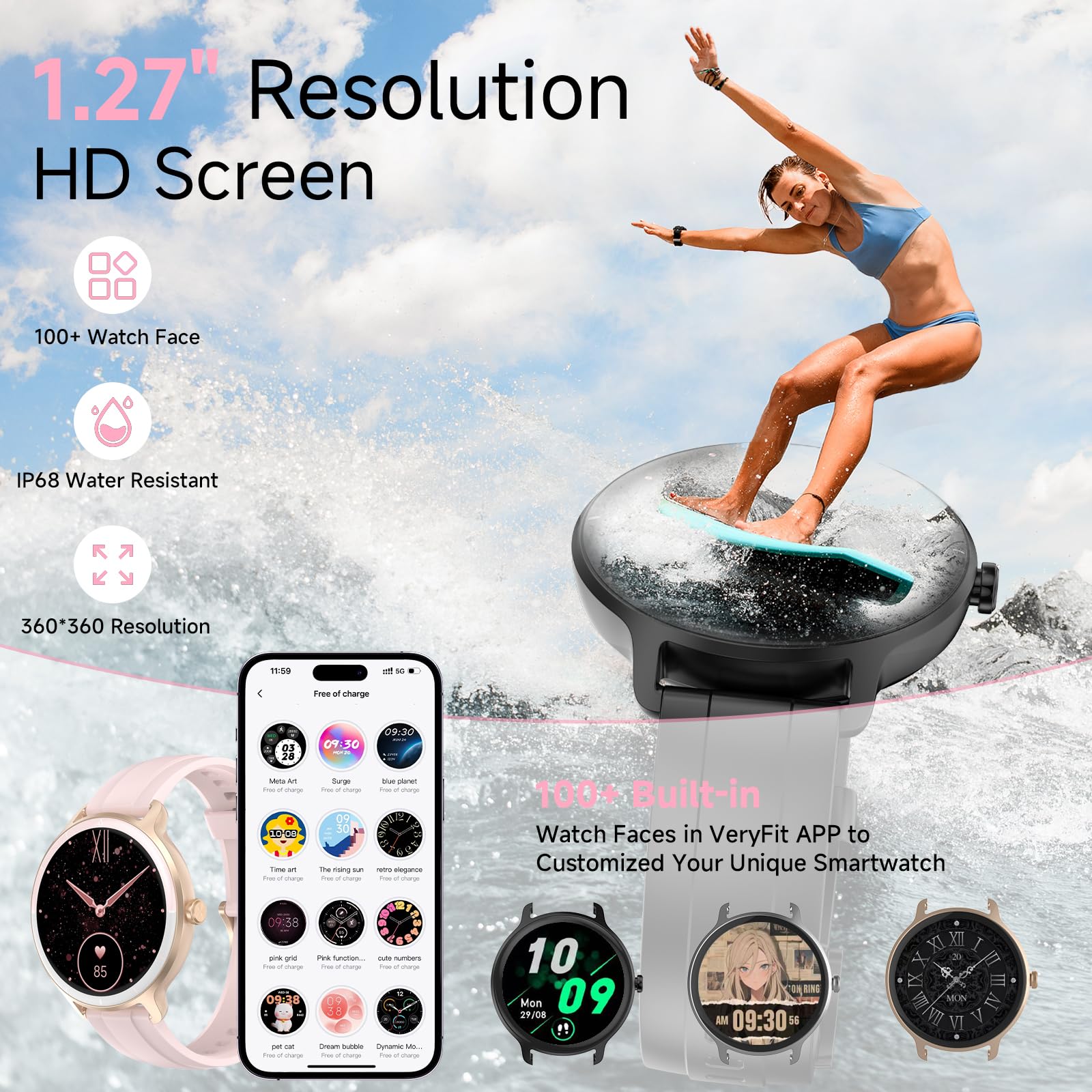 Smart Watches for Women Men 1.27" HD Fitness Tracker with Heart Rate/Sleep/Step/SpO2 Monitor, IP68 Waterproof Watch for Android iOS (Pink)