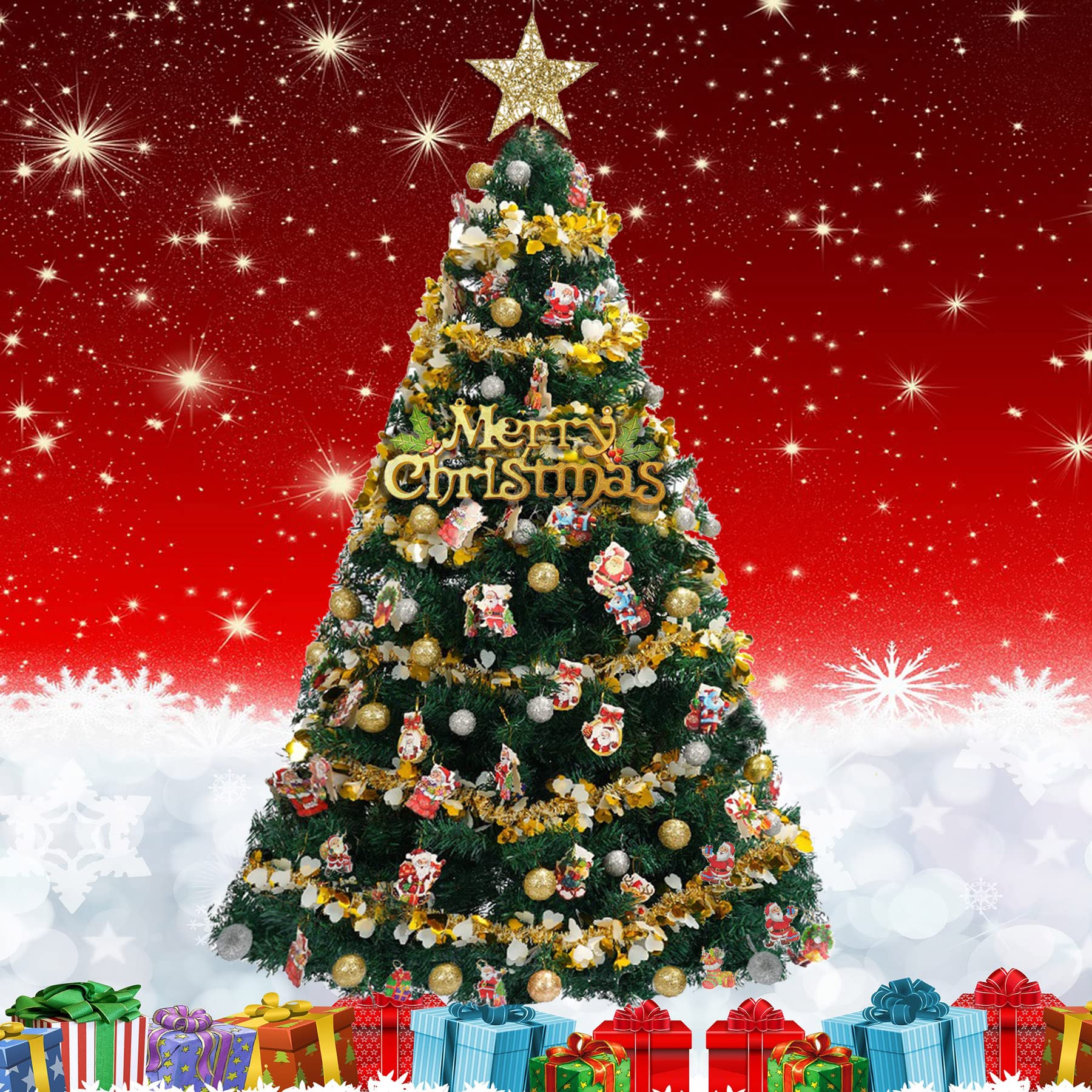 Gienauae 6.8FT Artificial Christmas Tree, Artificial Holiday Xmas Tree with Decors, Easy Assembly, Mental Stand, for Kids Room Xmas Wedding Holiday Party (6.8FT，1230Tips with Decor)