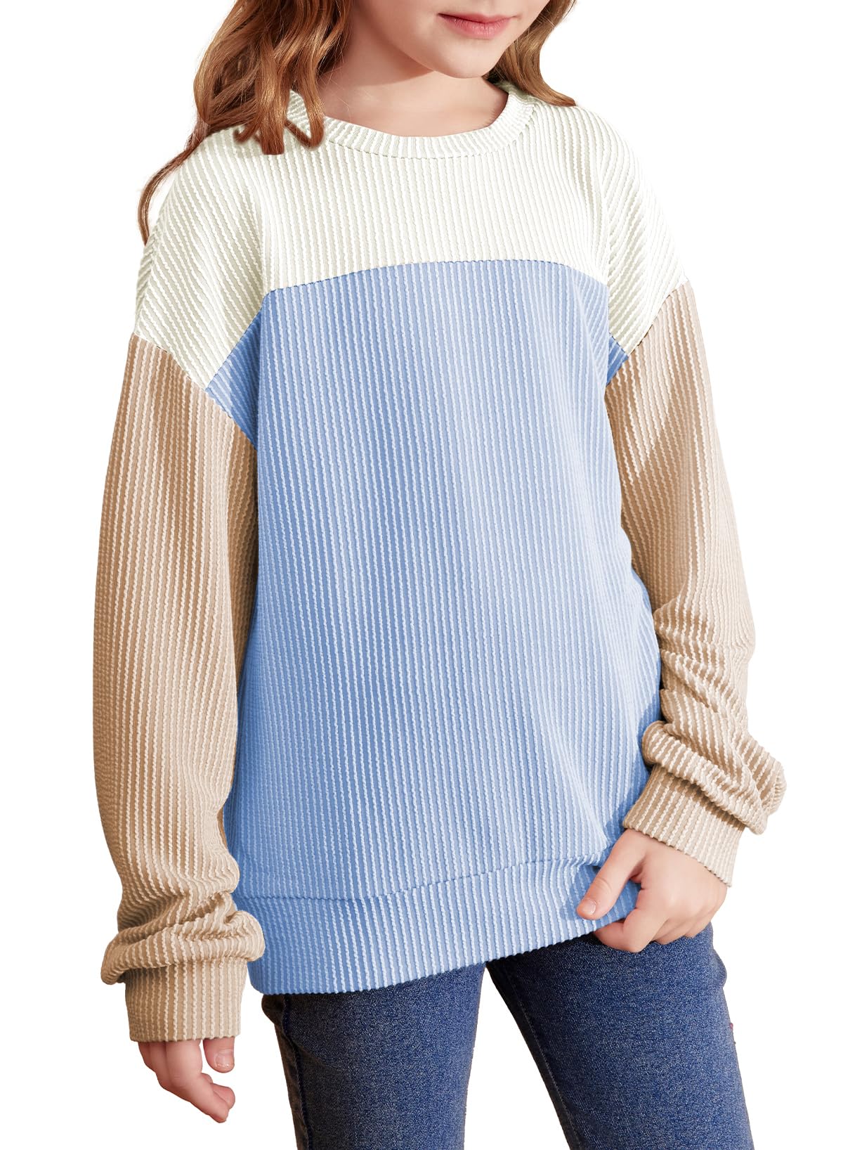 blibean Girls Fall Long Sleeve Shirts Kid Color Block Tops Size 6-15 Years