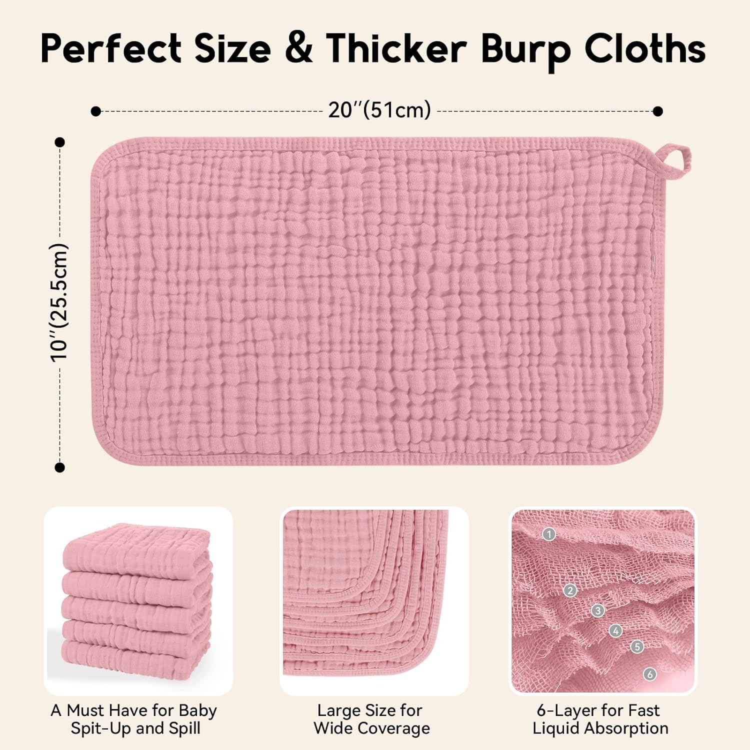 Unnivoll Muslin Burp Cloths for Baby 100% Cotton Burping Cloths for Boys Girls Large 20''X10'' Extra Soft and Absorbent 12 Pack - Bean Paste