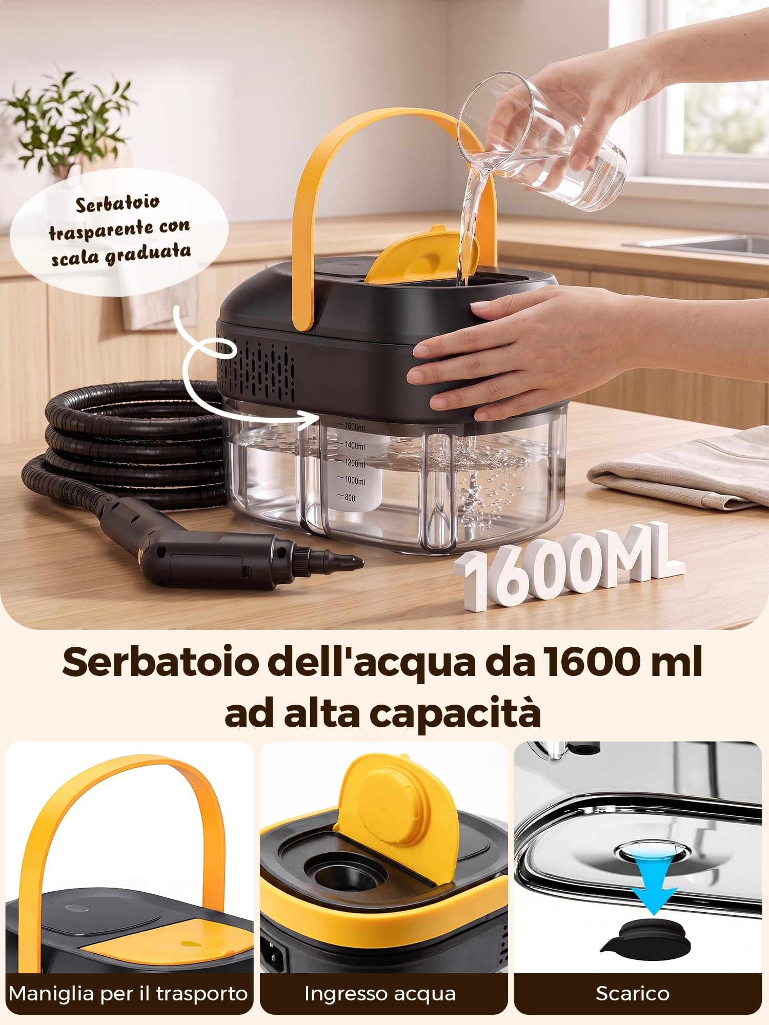 Pulitore a Vapore Portatile Potente 2500W: 1600ml Steam Cleaner