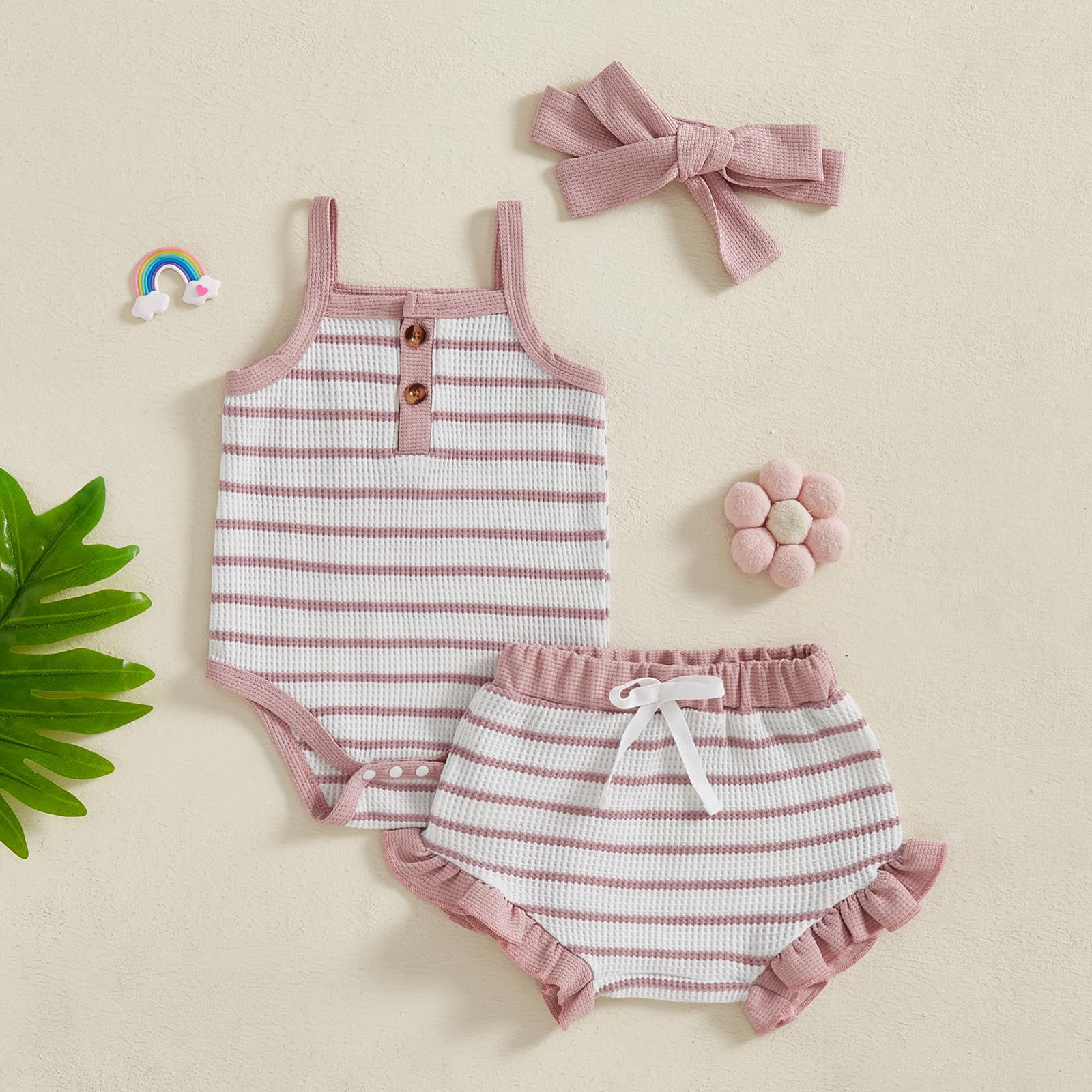ZAXARRA Infant Baby Girl Summer Outfit Sleeveless Cherry Print Waffle Romper Ruffle Shorts Bow Headband Cute Shorts Set (Pink1, 0-3 Months)