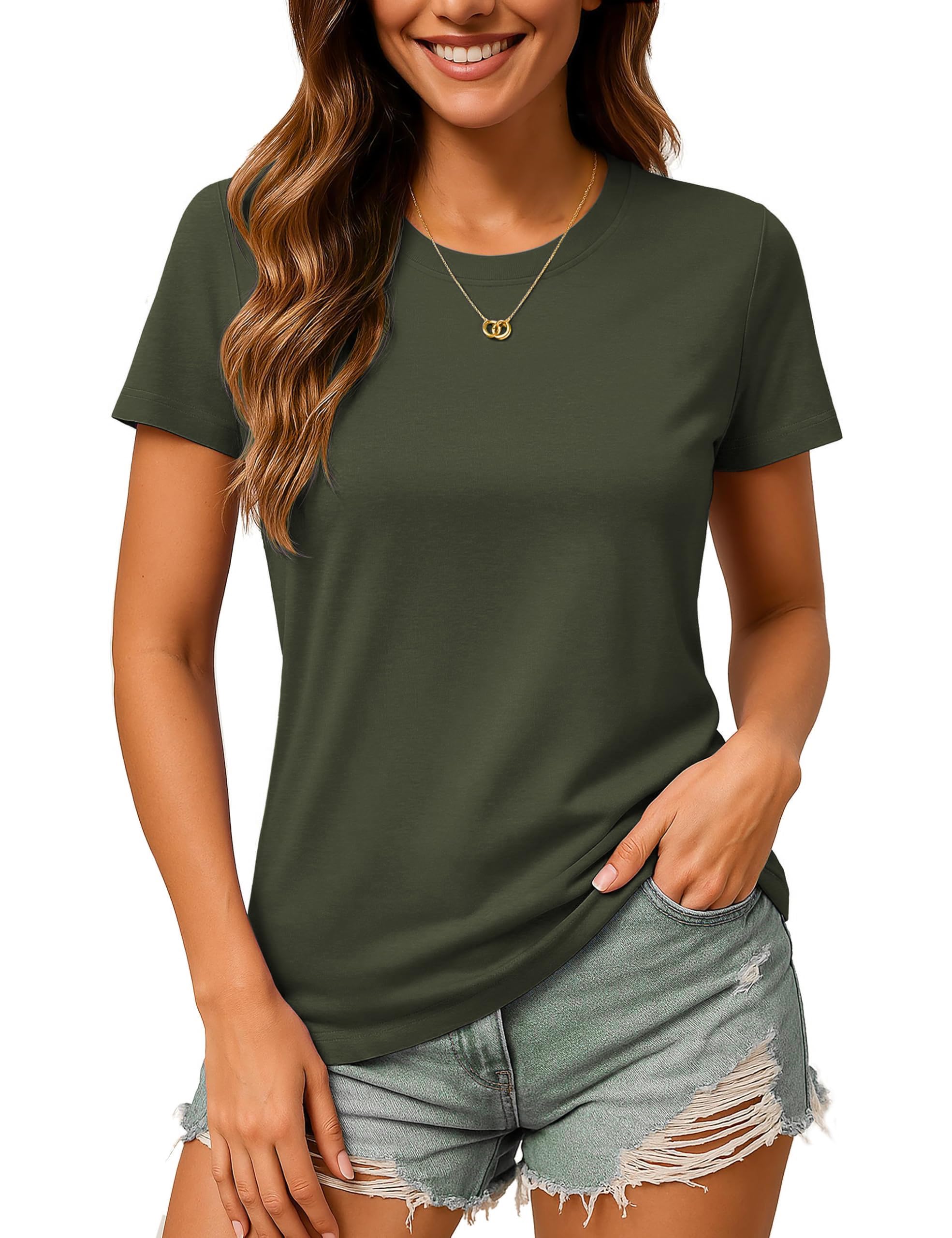 TACVASEN Damen T-Shirt Baumwolle Rundhals Sommer Tshirt Basic Oberteil Lässig Shirt Kurzarm Cotton Einfarbig Tops