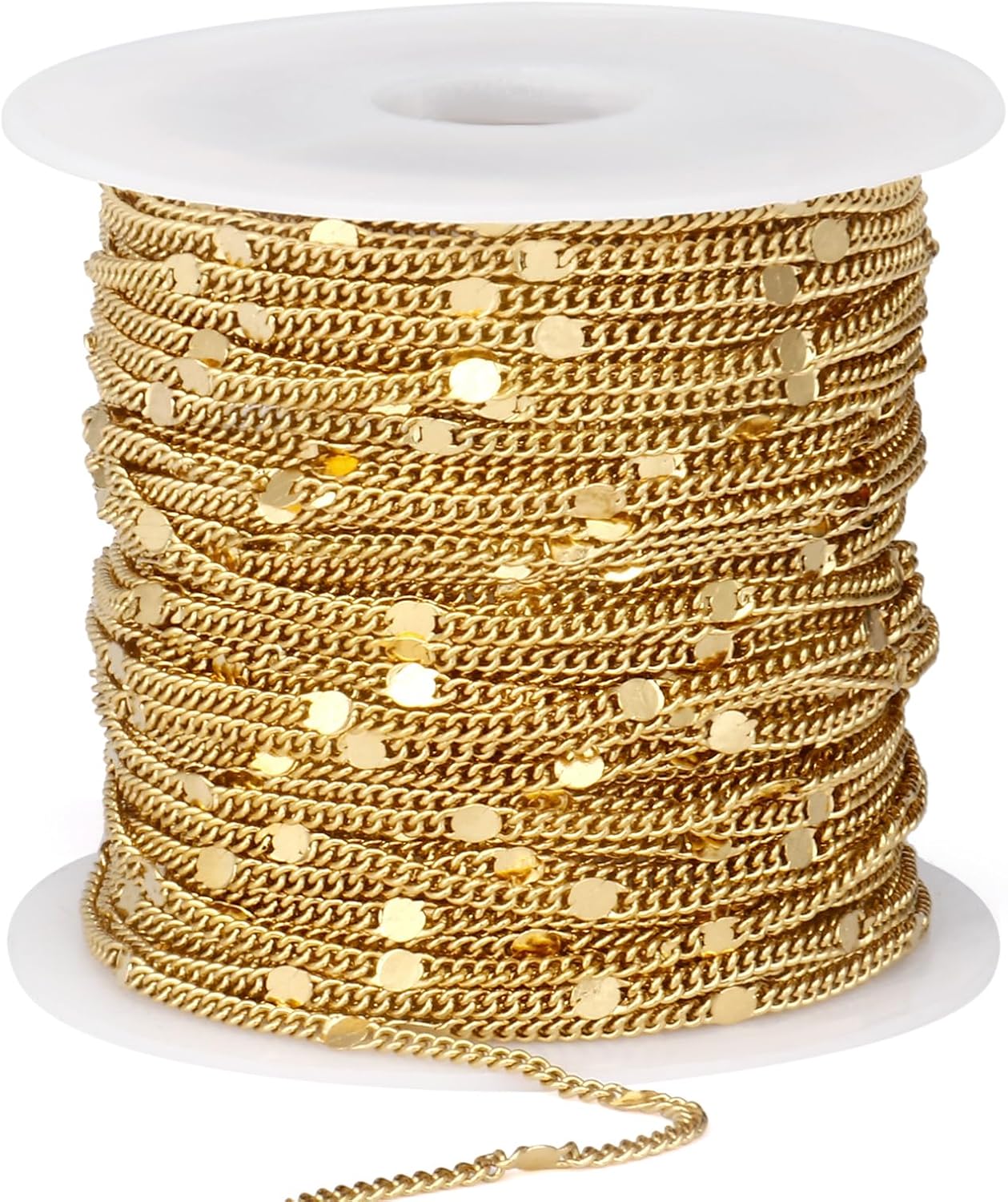 33FT 18K Gold Plated Curb Chains Bulk, 2mm Stainless Steel Flat Satellite Curb Link Chains Roll for Jewelry Making