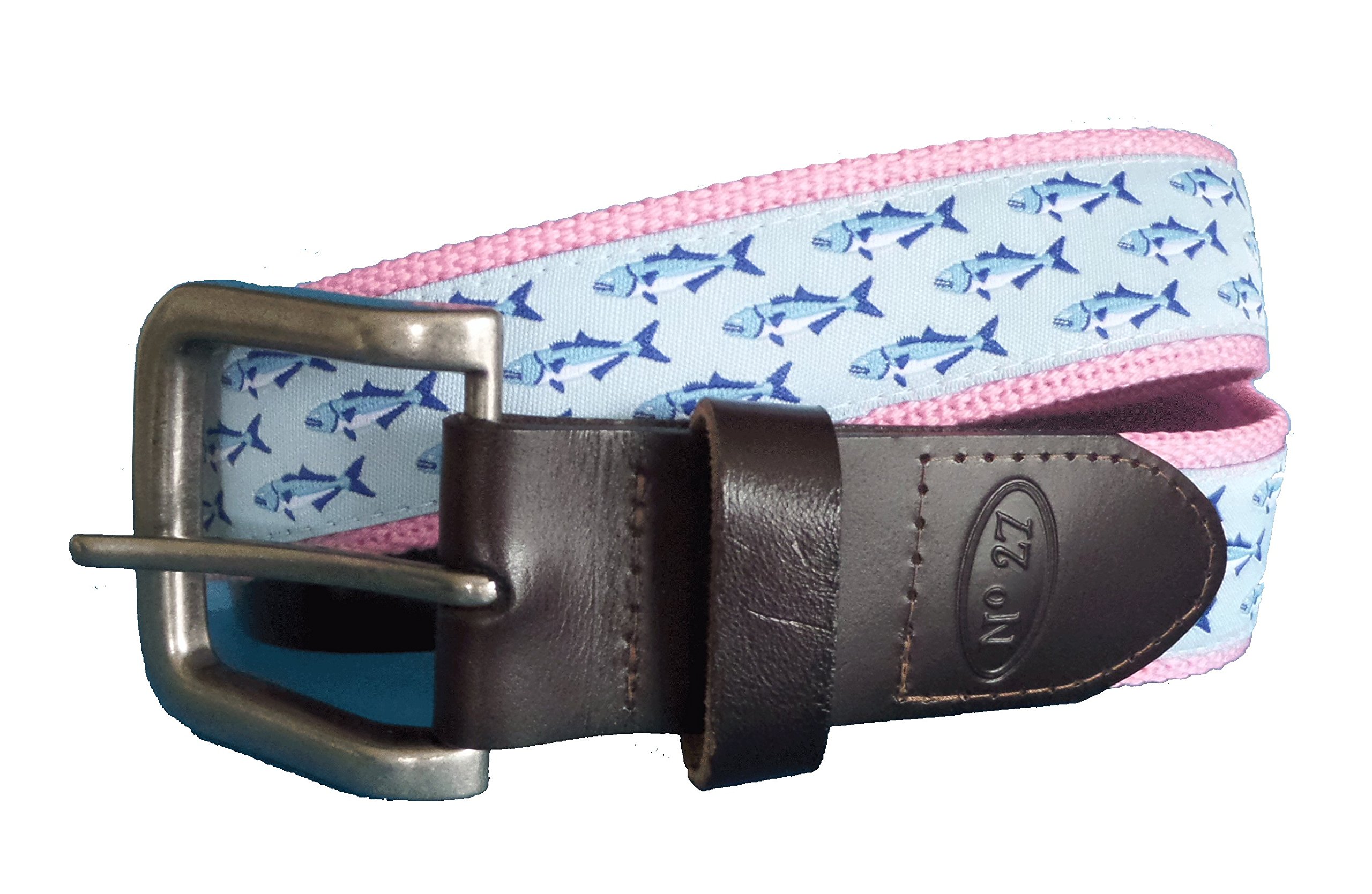 No27 Men's Bluefish Nautical Leather Belt, Bluefish Ribbon on Pink Webbing with Leather Tab and Buckle