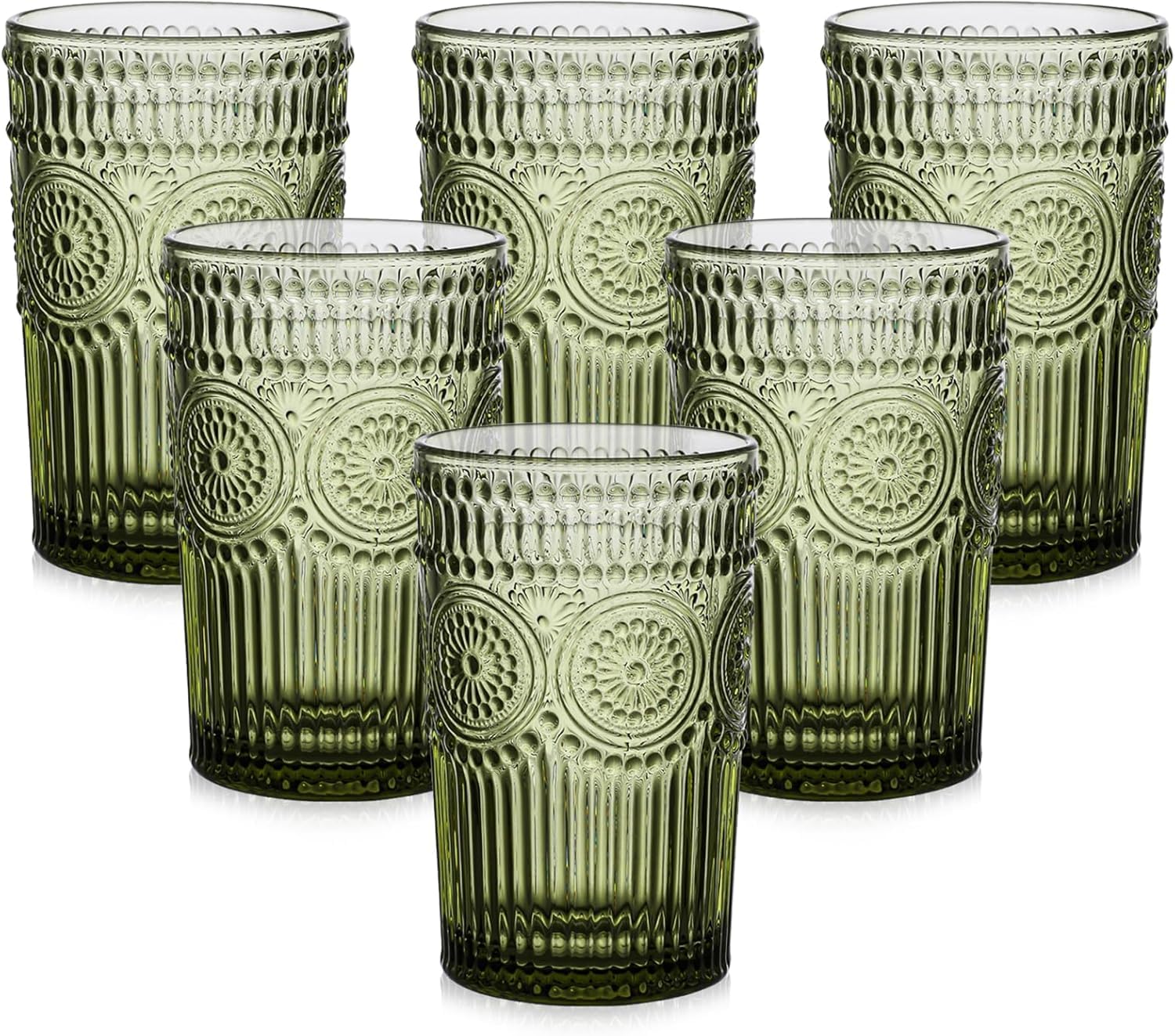 Glassware Drinking Glasses Set of 6 13 oz Green Textured Flower Design Glass Water Tumblers Embossed Striped Drinkware