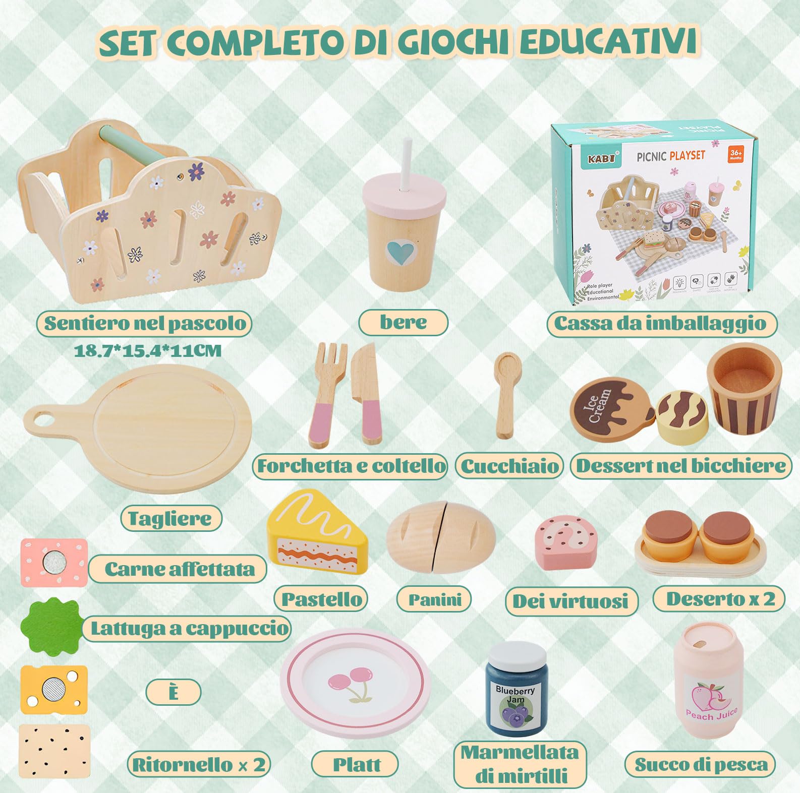 Set da picnic per bambini con servizio da tè per bambini, giocattolo da dessert – giocattolo in legno e da giardino per bambini e ragazze