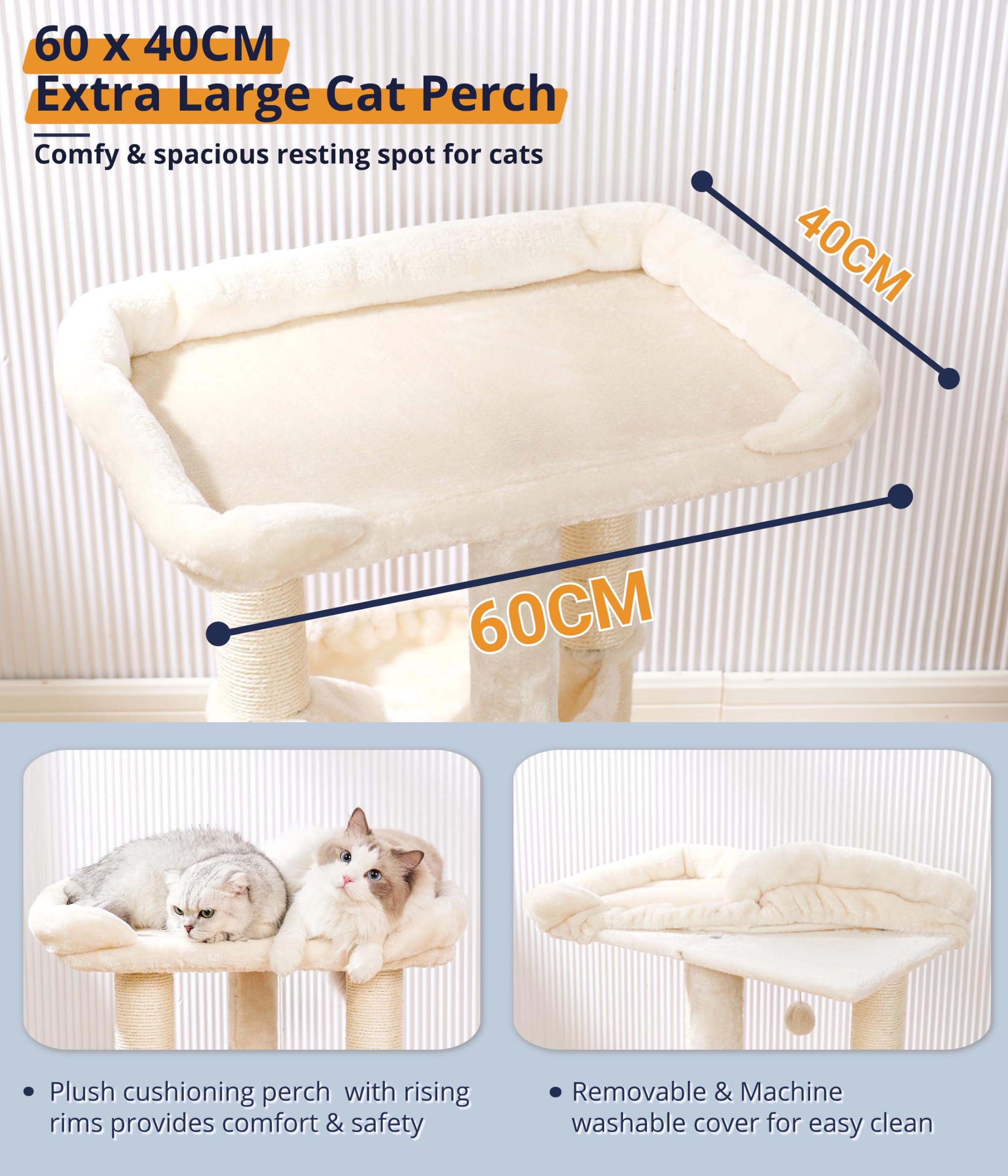 Happi N Pets Arbre à Chat Tour de 71 cm, Grand griffoir avec Grand lit pour Grands félins, griffoir en sisal avec perchoir Moelleux et hamac, Support Stable pour Chat, Housse Amovible, Beige