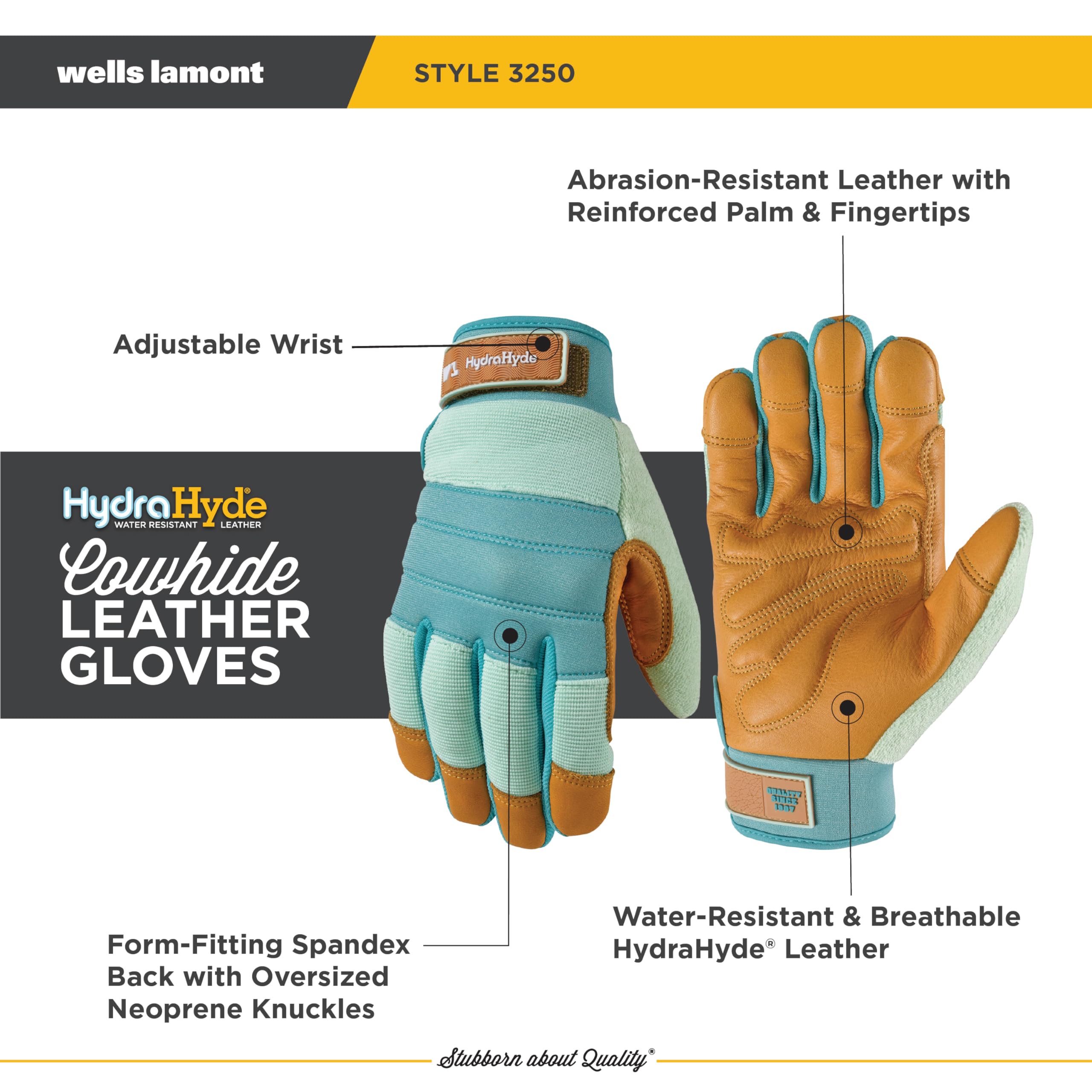 WELLS LAMONT HydraHyde Gants de travail et de jardinage hybrides en cuir résistant à l'eau avec paume pour femme, bleu, taille L 3250