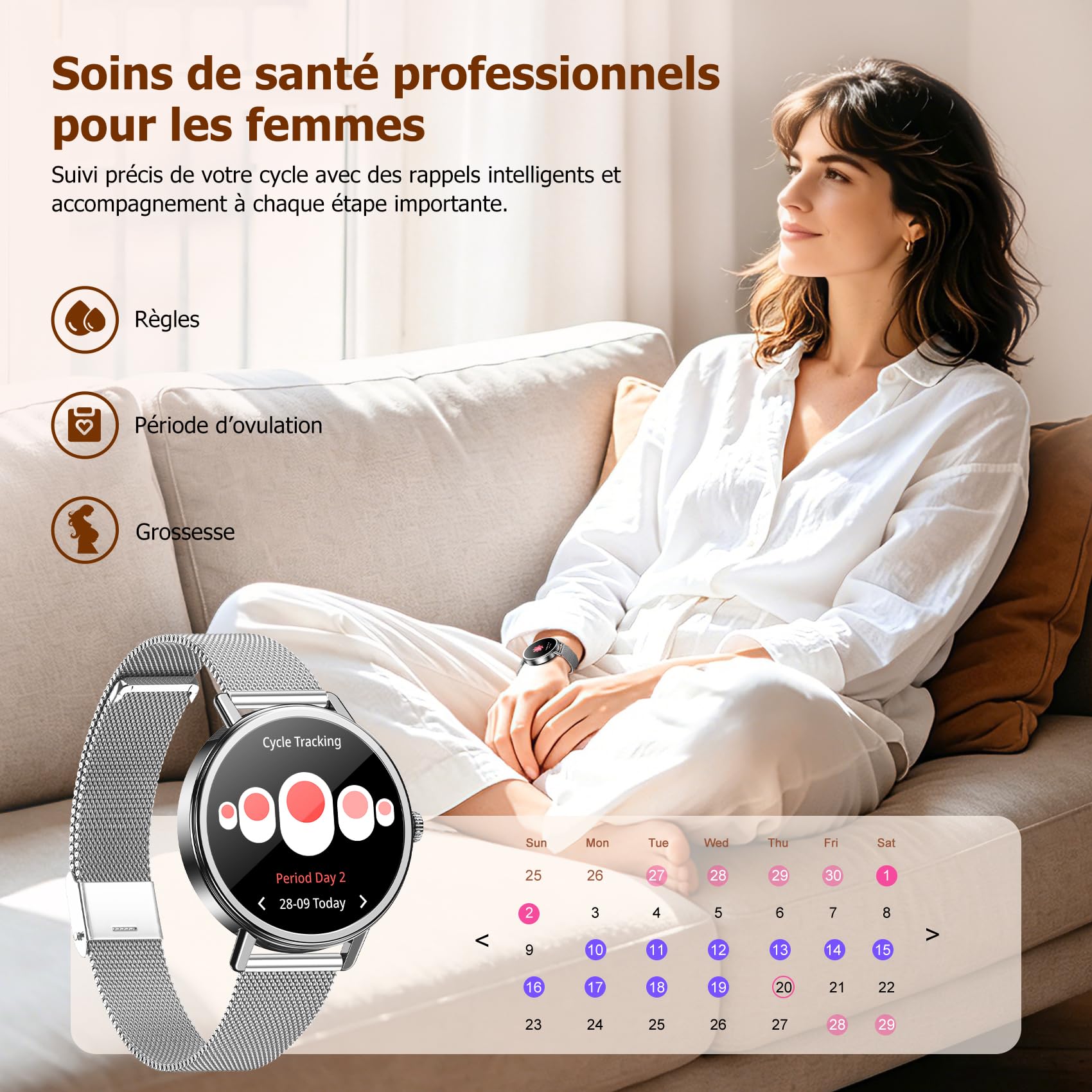 IOWODO Montre Connectée Femme avec Appels Bluetooth, Écran HD 1,26 Pouce, Bluetooth 5.4, 100+ Modes Sportifs, Fréquence Cardiaque et SpO2, Suivi du Cycle Féminin, Étanche IP68, Or Rose