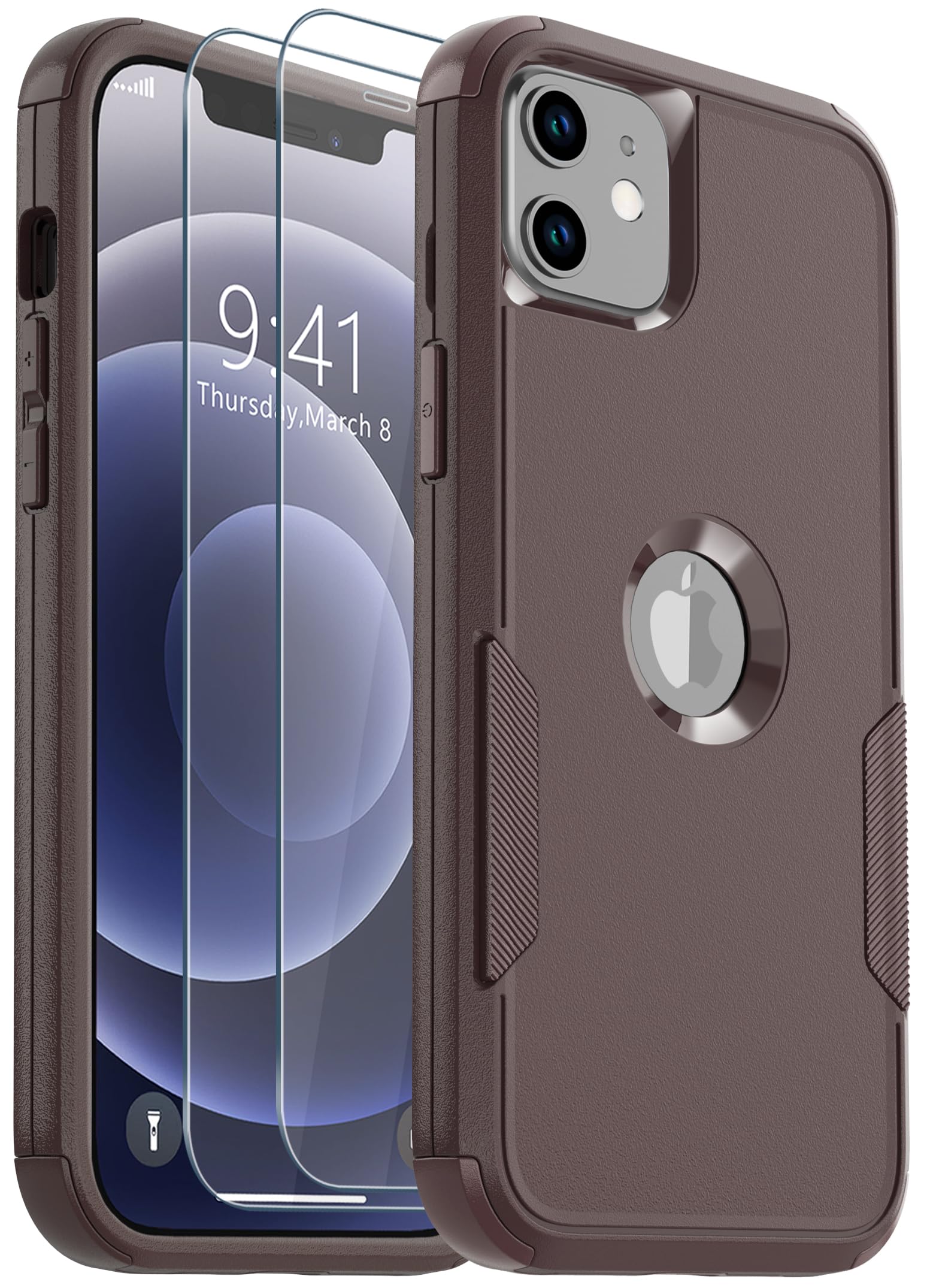 GuirbleiPhone 12/12 Pro Case, Brown [2 Tempered Glass Screen Protectors] [Shockproof, Anti-Slip] [6.1IN]
