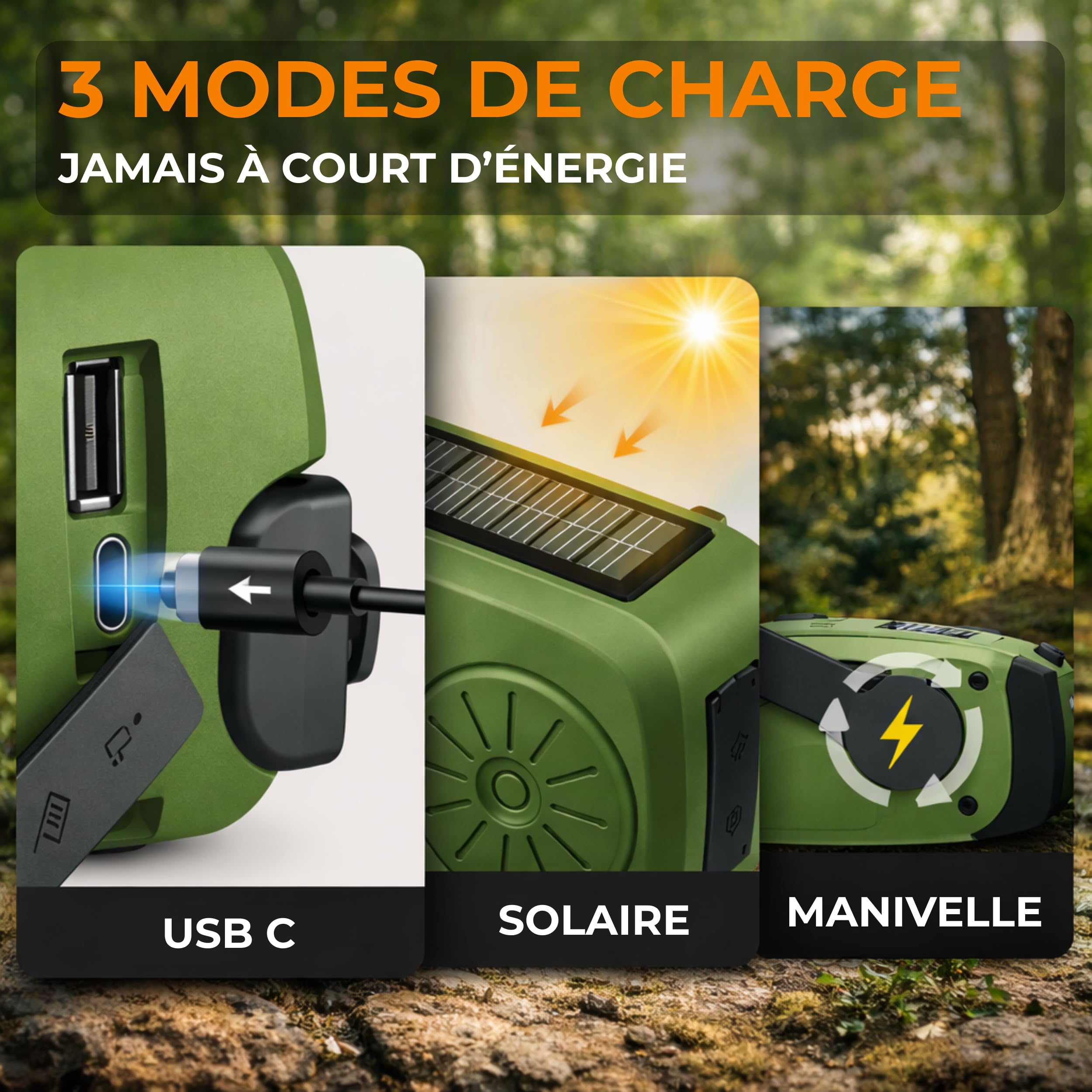 Radio Portable Urgence, AM/FM/WB Radio de Secours Auto-alimentée, Kit de Survie Complet, 2000mAh, Radios Dynamo à Manivelle avec Lampe de Poche, Fonction SOS, Powerbank, Camping, Randonnée (Vert P4)
