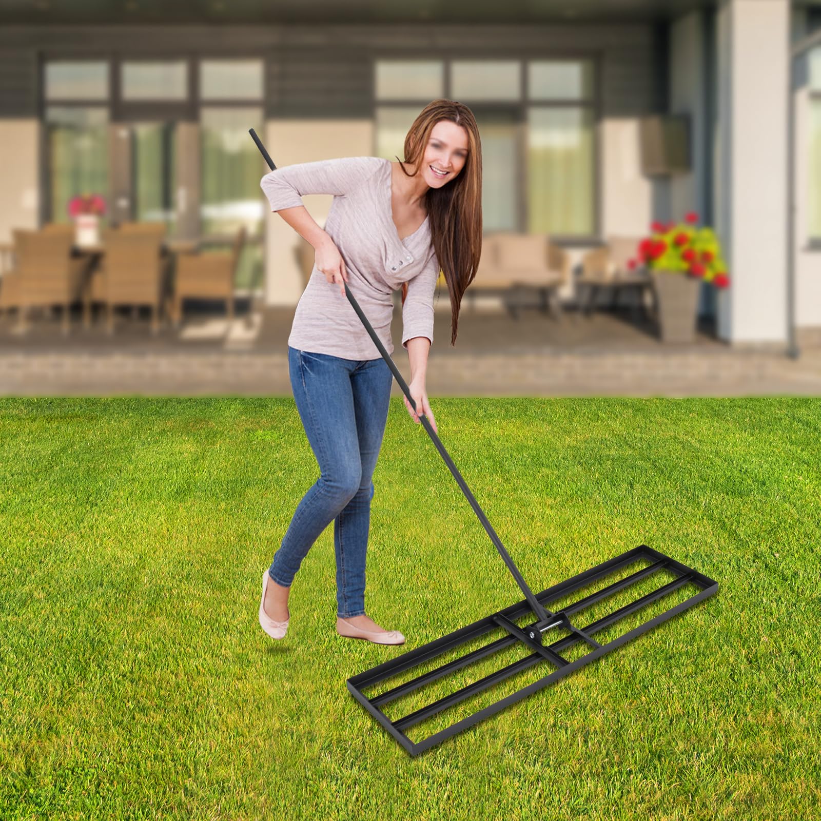 Rastrello livellatore per prato, attrezzo da giardinaggio per la cura del prato con manico da 175 cm, angolo flessibile, per cortili, giardini, fattorie, prati, angolo di rotazione 180°, dimensioni