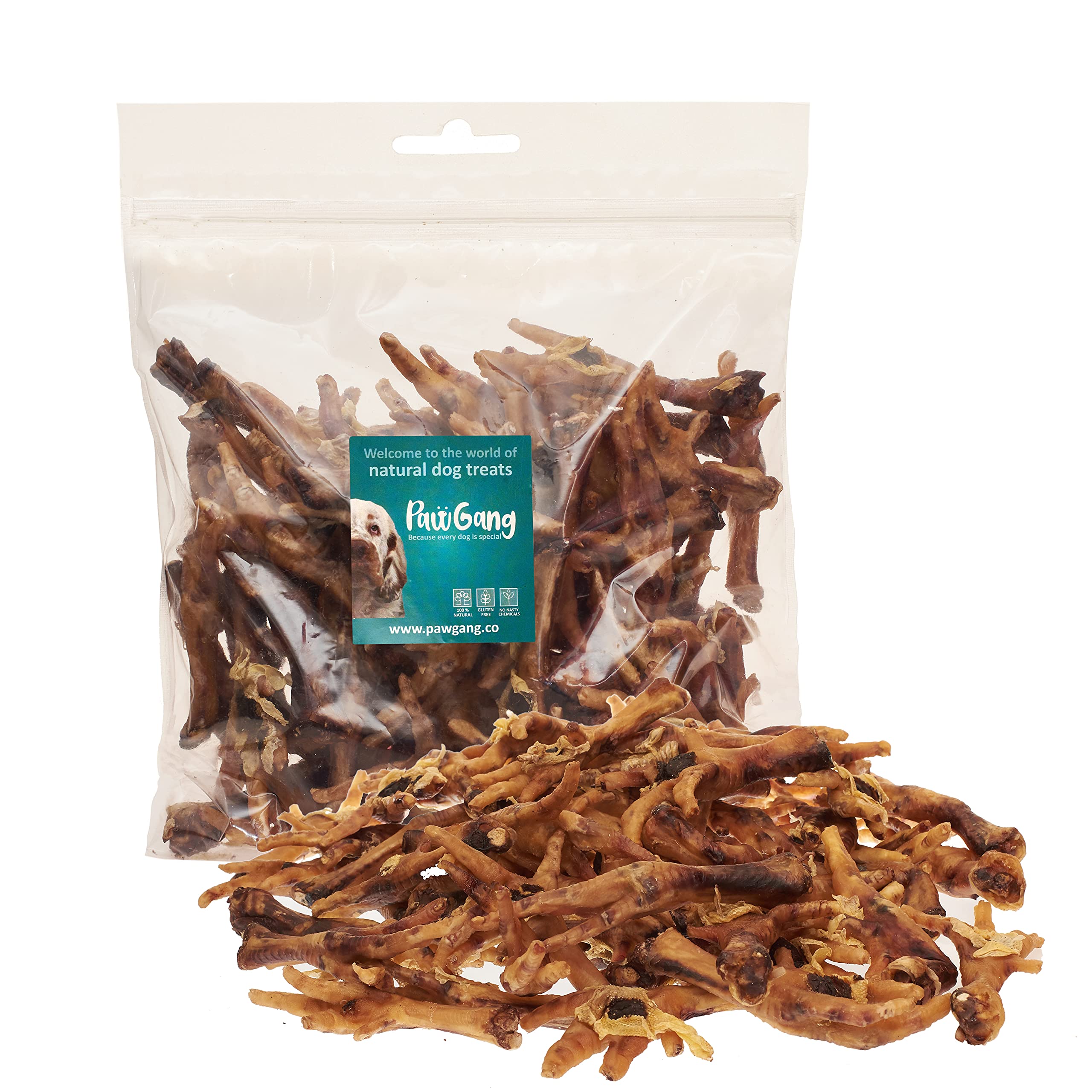 PawGang - Chicken Feet 1kg - 100% Natural Treats for Dogs Puppies Young Adult Old Small Large Dog - Tasty Air Dried Chews Snacks - Healthy Hypoallergenic - Low Fat Grain Free - BARF Raw