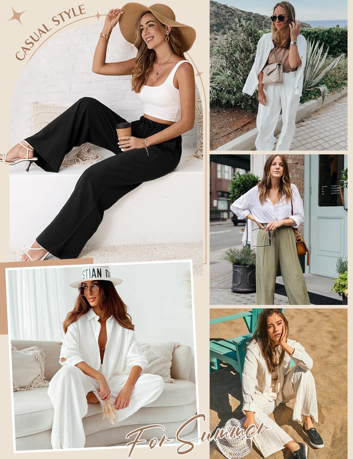 CMTOP Femme Pantalon Fluide Été Lin Pantalons Taille Haute Elastique Pantalons Jambe Large Ample Pantacourt Plissé Décontracté Léger Longueur Pants de Plage avec Poches