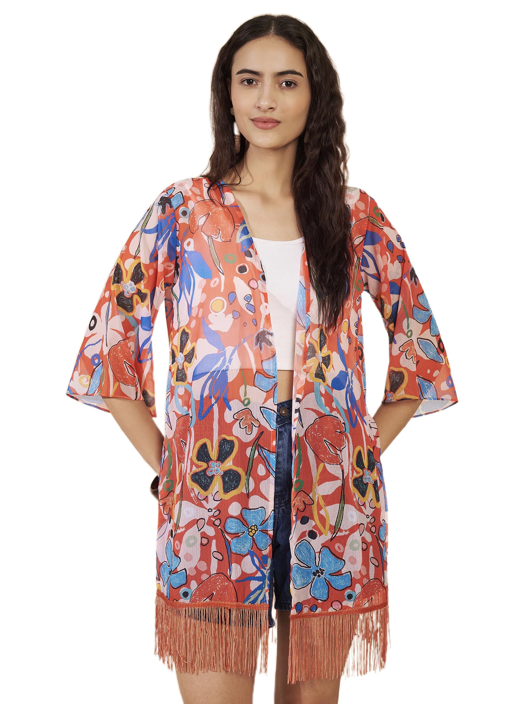 Women Orange Multicolour Floral Print Fringed Shrug-image-32