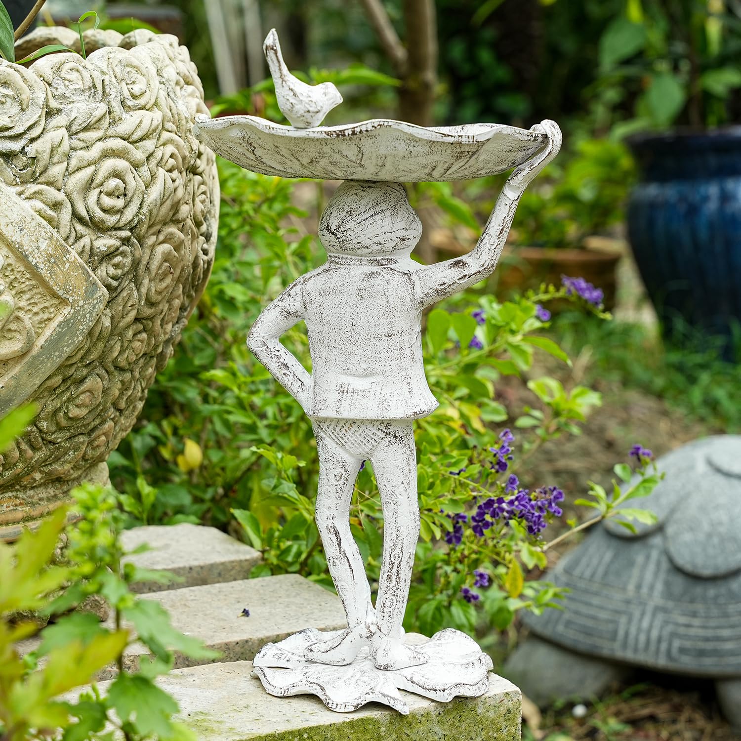 Sungmor Vogelfutterspender aus Gusseisen, Frosch-Statue, Garten-Frosch-Statue mit Blättern, für den Außenbereich, kleine Vogeltränke, Süßigkeitenschale, Terrassentischdekoration | Garten-Frosch-Statue mit Blättern für den Außenbereich, kleine Vogeltränke,