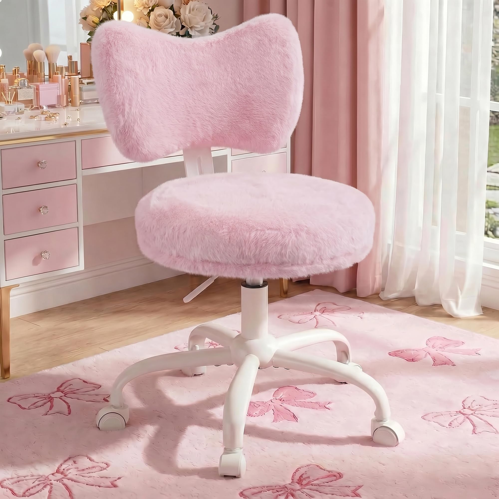 Cliporix Cute Fluffy Bow Vanity Chair, Swivel Height Adjustable Desk Chair, Double-Layer Padded Cushion Dressing Table Chair for Bedroom Dressing Room, Adorable Comfort for Women Girls (Pink)