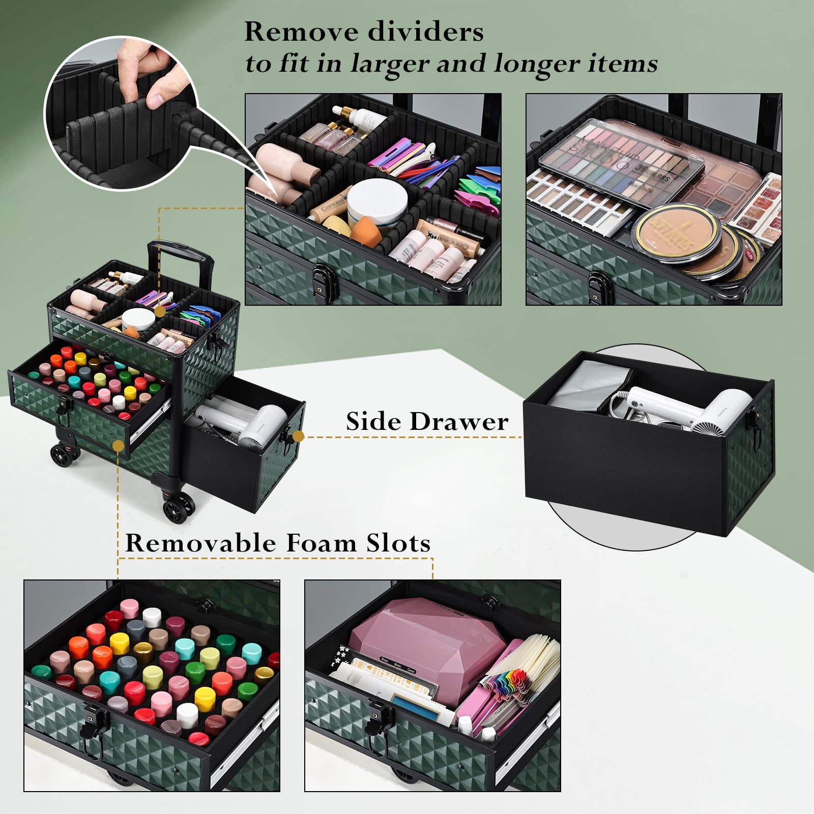 Kosmetik Trolley mit Schubladen Professioneller Kosmetikkoffer Nagelkoffer Make up Koffer Schminkkoffer Großer Friseurkoffer Abschließbarer Beauty Koffer Multikoffer,Dunkelgrün
