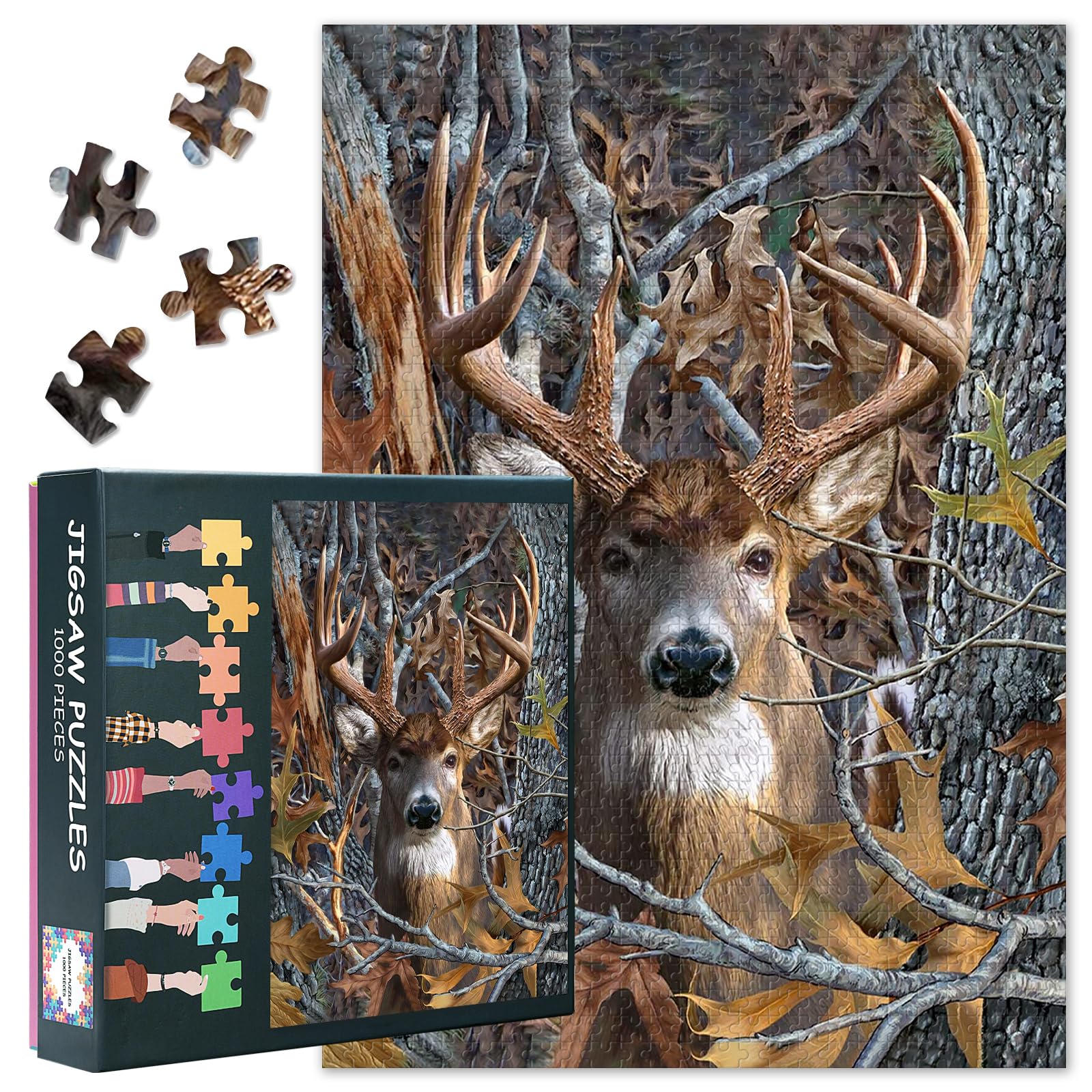 Deer Puzzle 1000 Pieces Adults Difficult Family Puzzle Animal Forest 70x50cm Jigsaw Puzzles Tree Branch Art for Women Men (Wildlife Series)