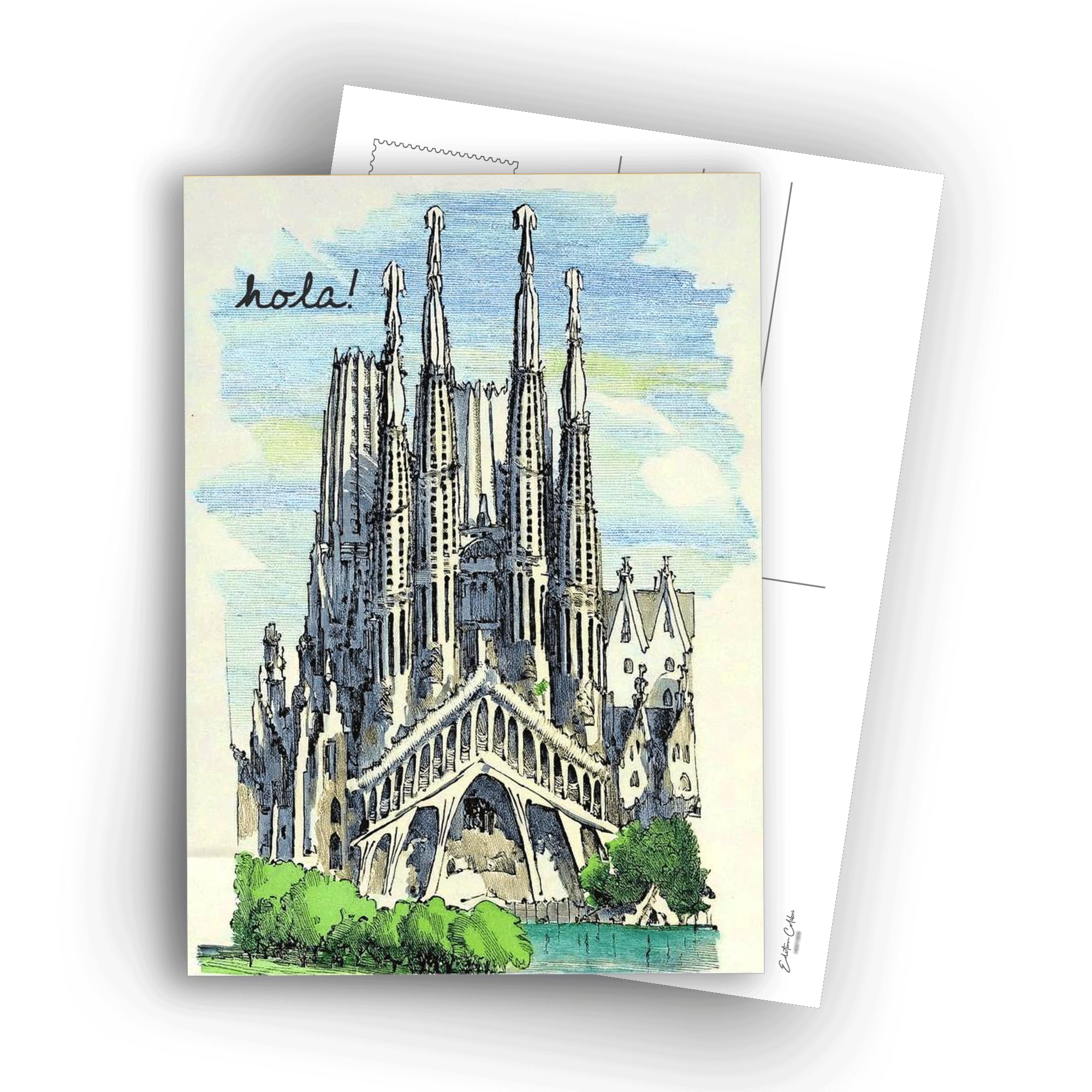Edition Colibri Barcelona Postcards – Watercolour Illustration of the Sagrada Familia – Hello | Set of 10 Flat Cards (A6) – Back to Write On