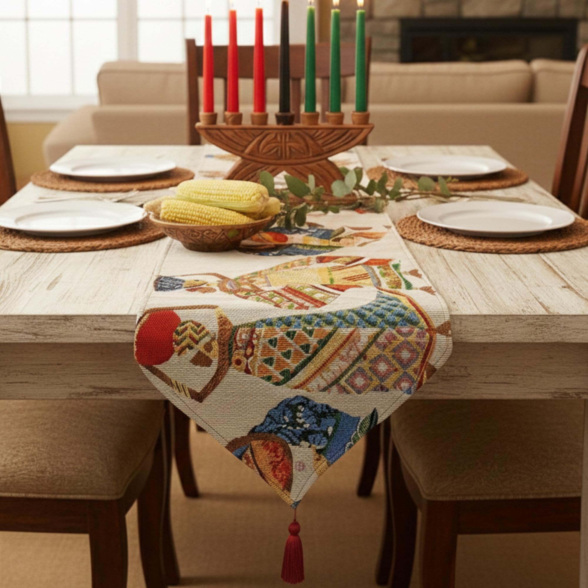 DaDa Bedding Rustic Tapestry Table Runner - Dancing Women Festive Celebrate Kwanzaa African Ethnic Culture - Farmhouse Cotton Linen Woven Kitchen Dining Mats - 13" x 90"