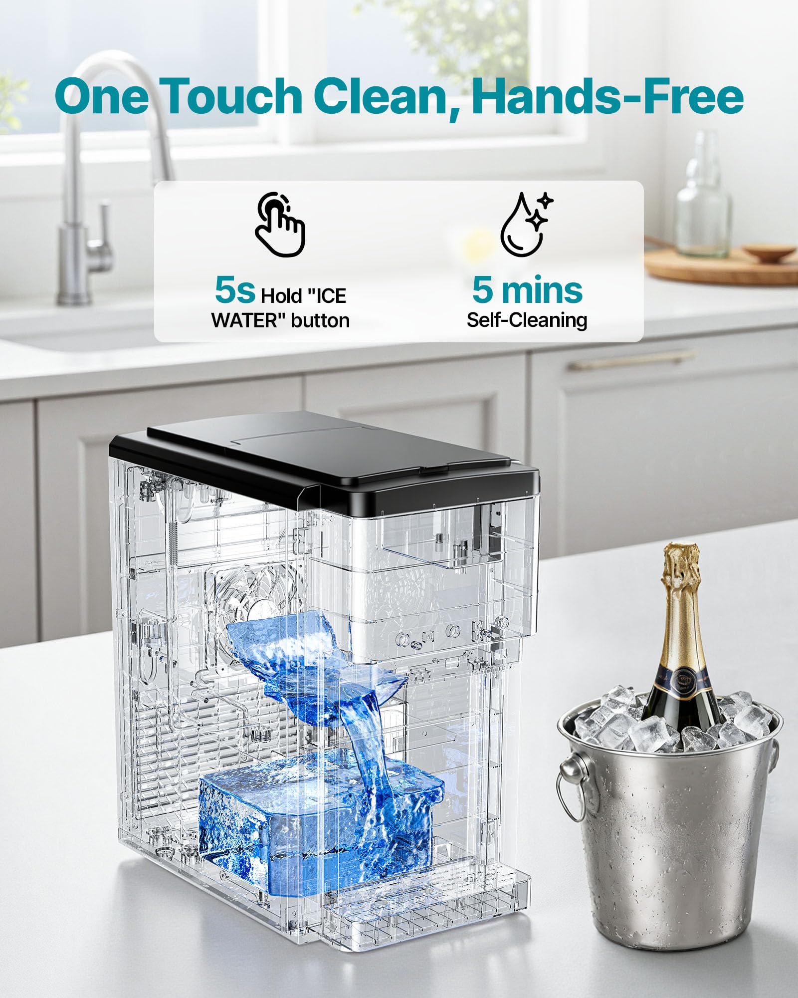 VEVOR Macchina Ghiaccio da Tavolo Multifunzione, Distributore d'Acqua da Tavolo, Produzione Rapida con Contenitore di Stoccaggio, Ghiaccio Sferico o Tritato e Acqua Fredda, per Feste in Cucina