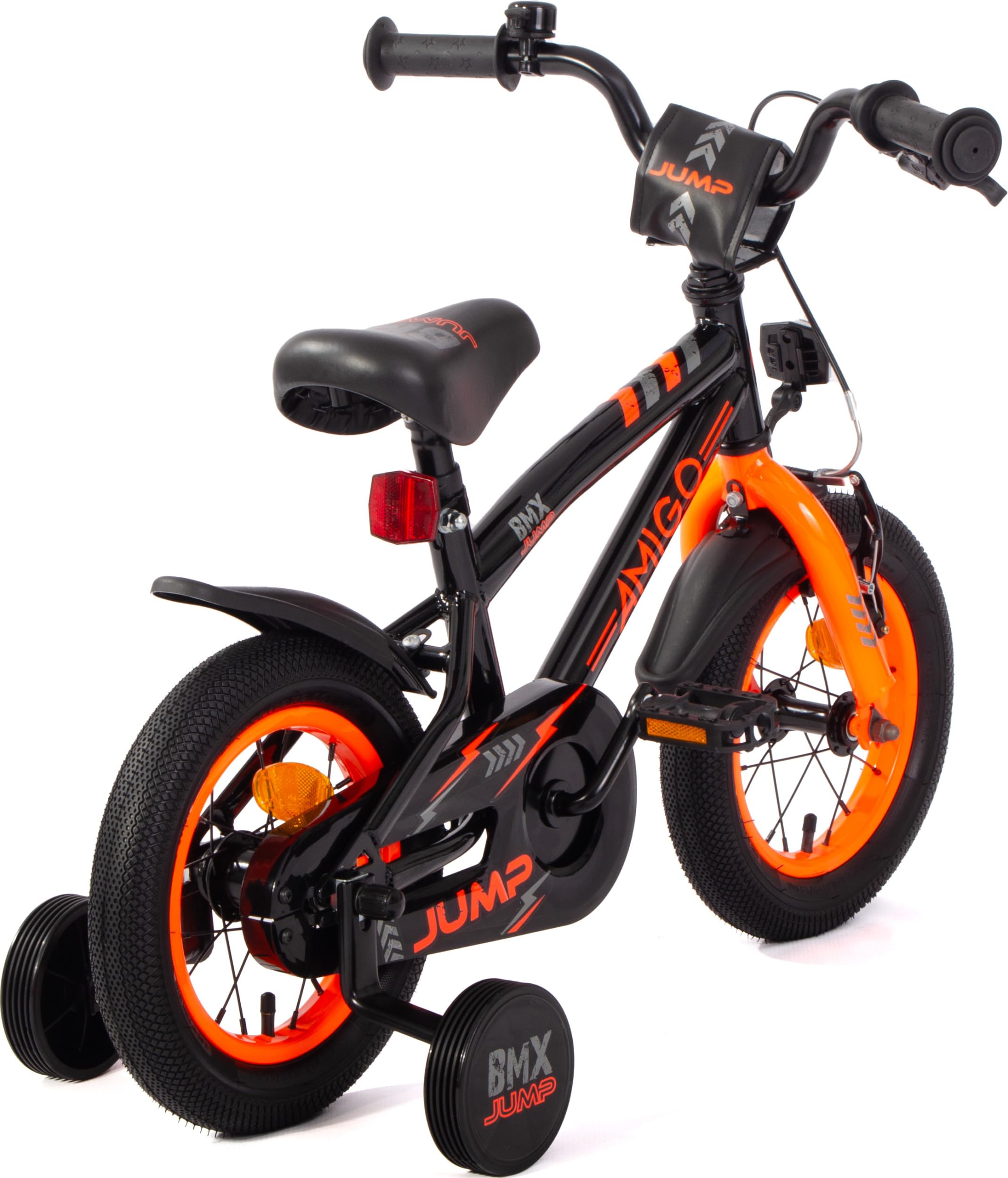 AMIGO BMX Jump – Bicicleta infantil para niños – 12 pulgadas – con freno de contrapedal y freno en V y ruedas estabilizadoras – a partir de 3 – 4 años – Negro/Naranja