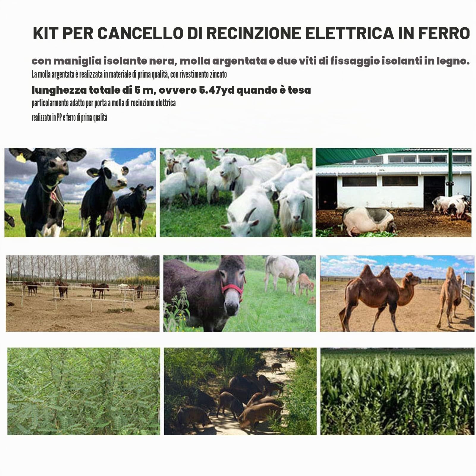 Kit Cancello Elettrico per Recinzione, Set di Maniglie per Recinzione Elettrica in Ferro PP 5 Metri Accessorio per Porta a Molla per Animali con Manico Chiodo Isolato per Bestiame