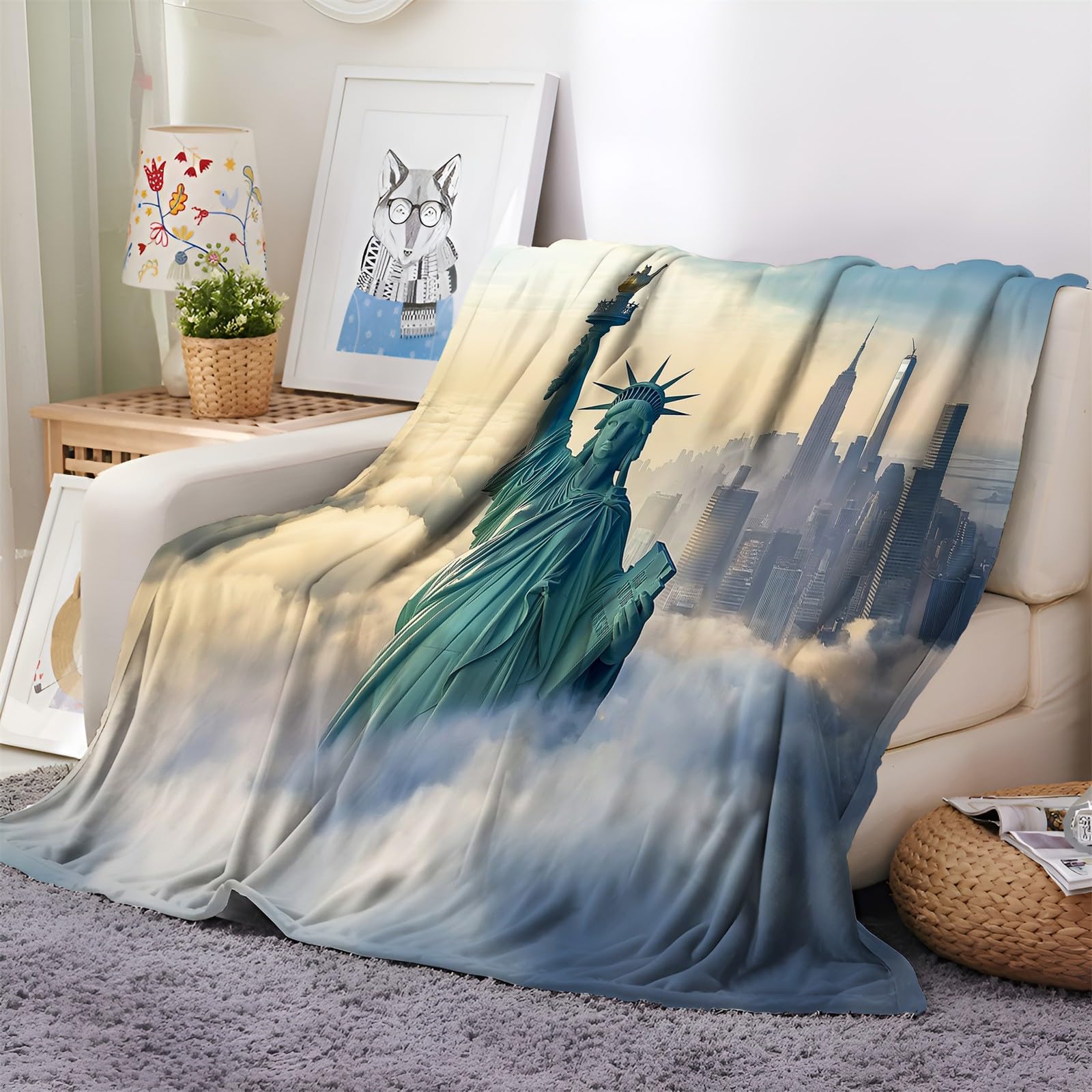 Kuscheldecke Flauschig Decke Fleecedecke New Yorker Freiheitsstatue 180x200 cm Wohndecke Warm Winter Weich, Sofadecke Kuscheldecken Sherpa Decke Couchdecke Überwurf Fleecedecke