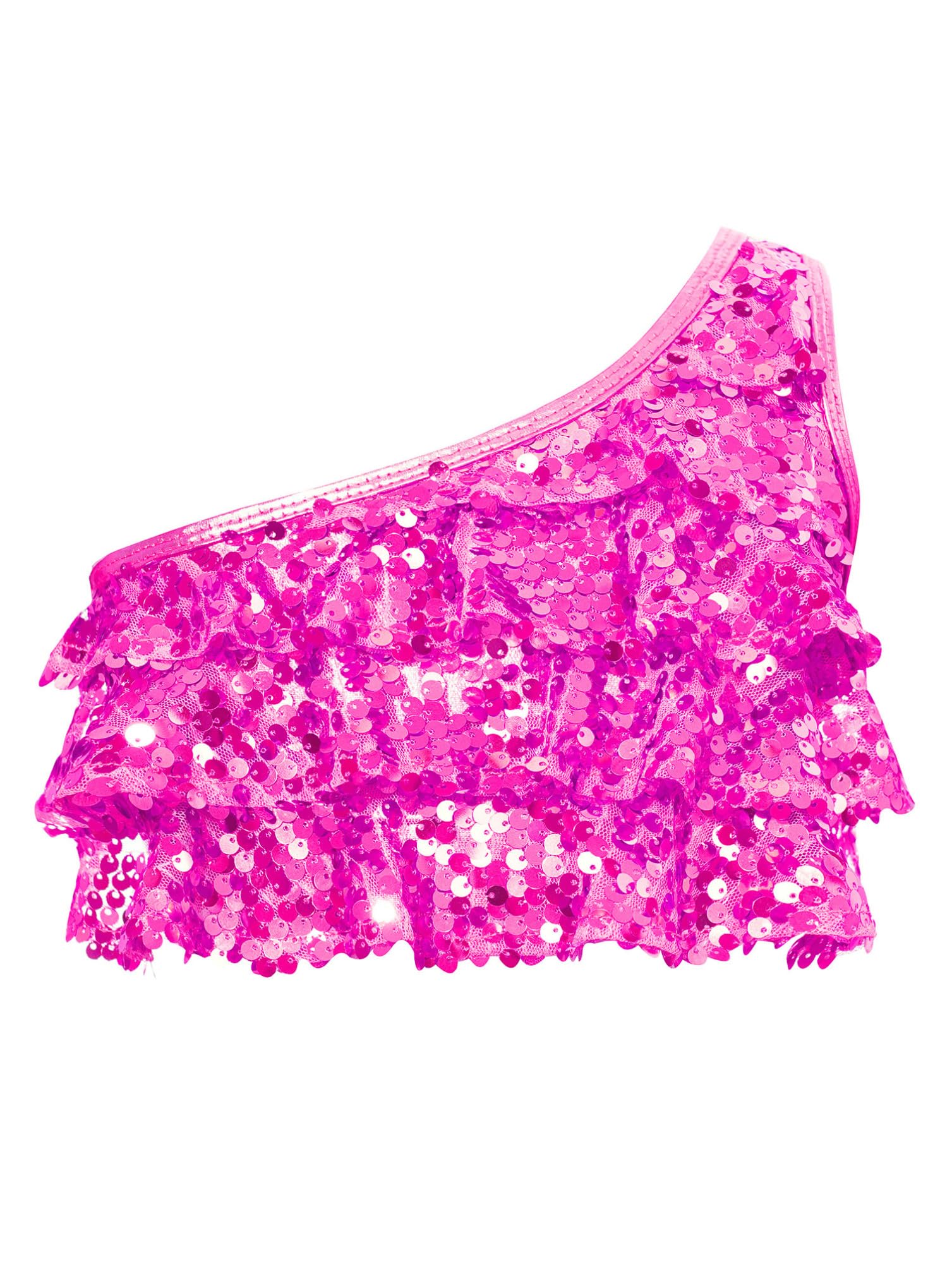 inhzoy Completo Sportivo da Ballo Latino Tango Bambina con Paillettes Tuta da Ginnastica Danza Moderna Jazz Hip Hop Crop Top Canotta Monospalla + Pantaloni Leggings Rosa caldo 7-8 anni