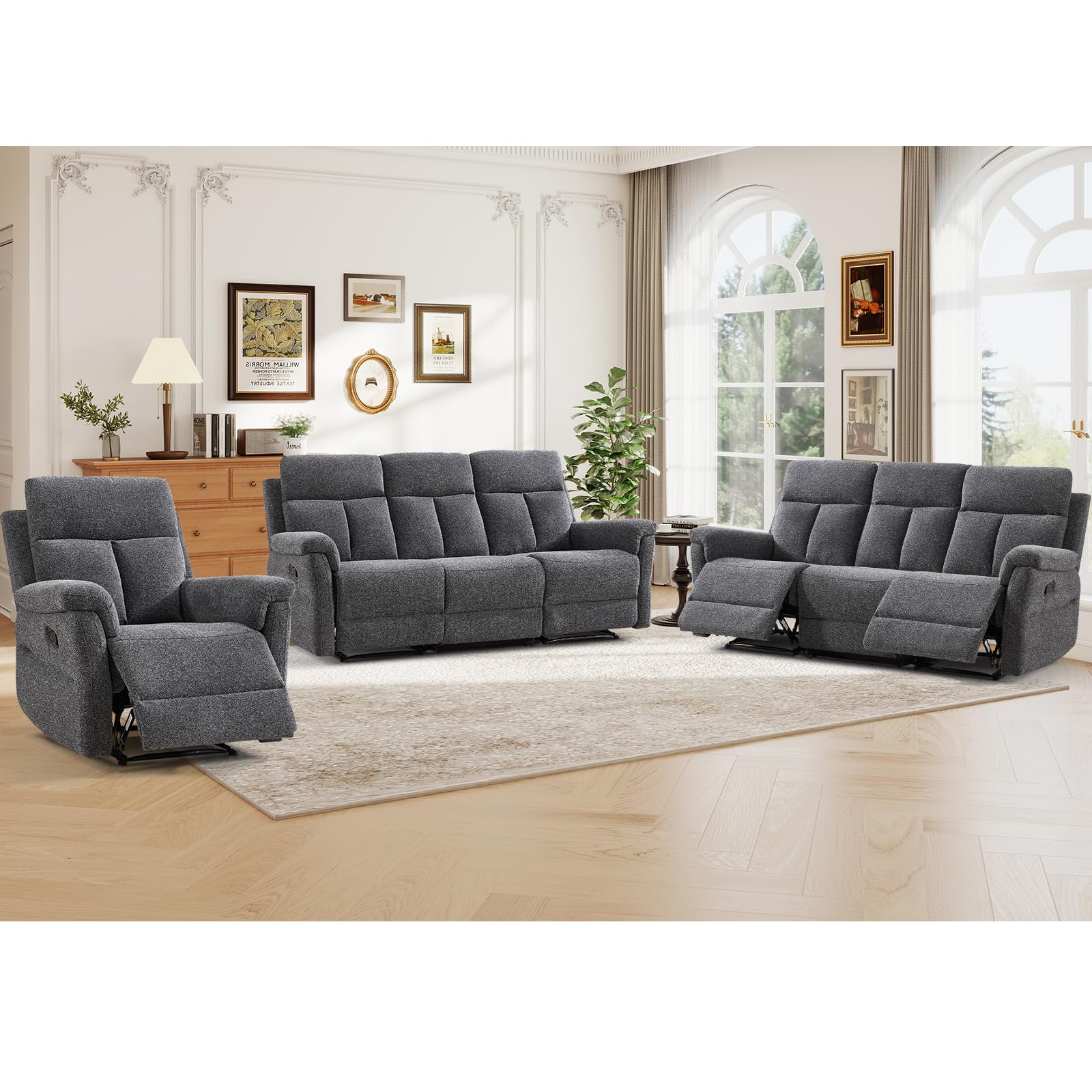 ANJ 3-Piece Manual Recliner Sofa Set, Recliner Chair and Two 3 Seat Reclining Sofas with Overstuffed Backrest and Supportive Backrest, Fabric Reclining Couch Set for Living Room, Dark Grey