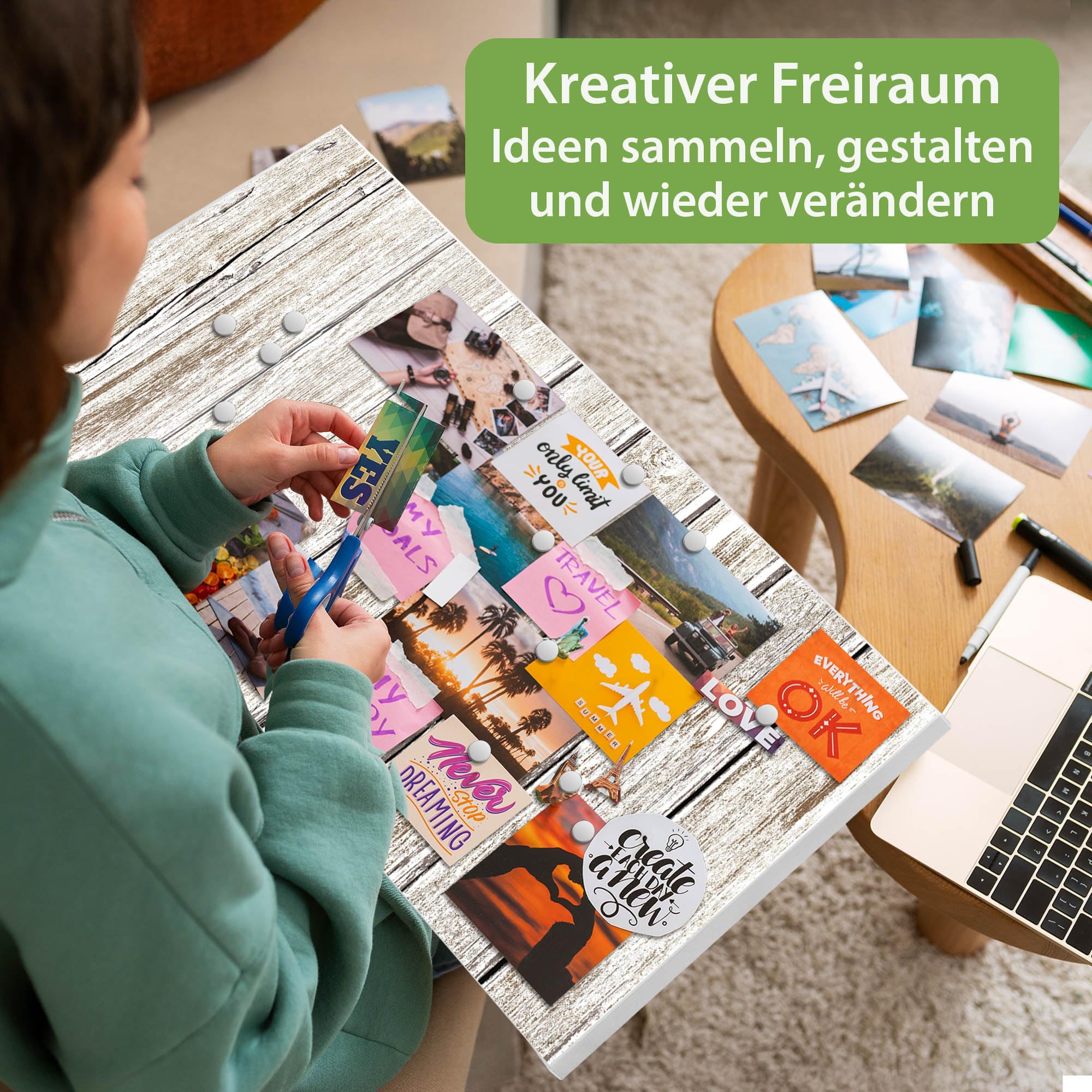 banjado Magnettafel Metall 78 x 37cm - beschreibbare Magnettafel - Metall Pinnwand als Memoboard - Magnetwand Küche, Büro, Kinderzimmer Weiß inkl. 4 Magnete & Montageset - Motiv Weißes Holz