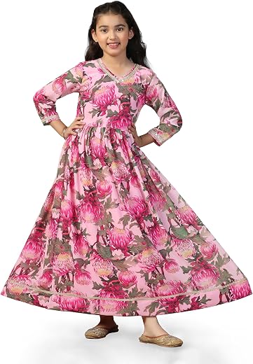 Fashion Dream Girls Floral Georgette Fit &amp; Flare Ethnic Dress|Birthday Maxi for Kids