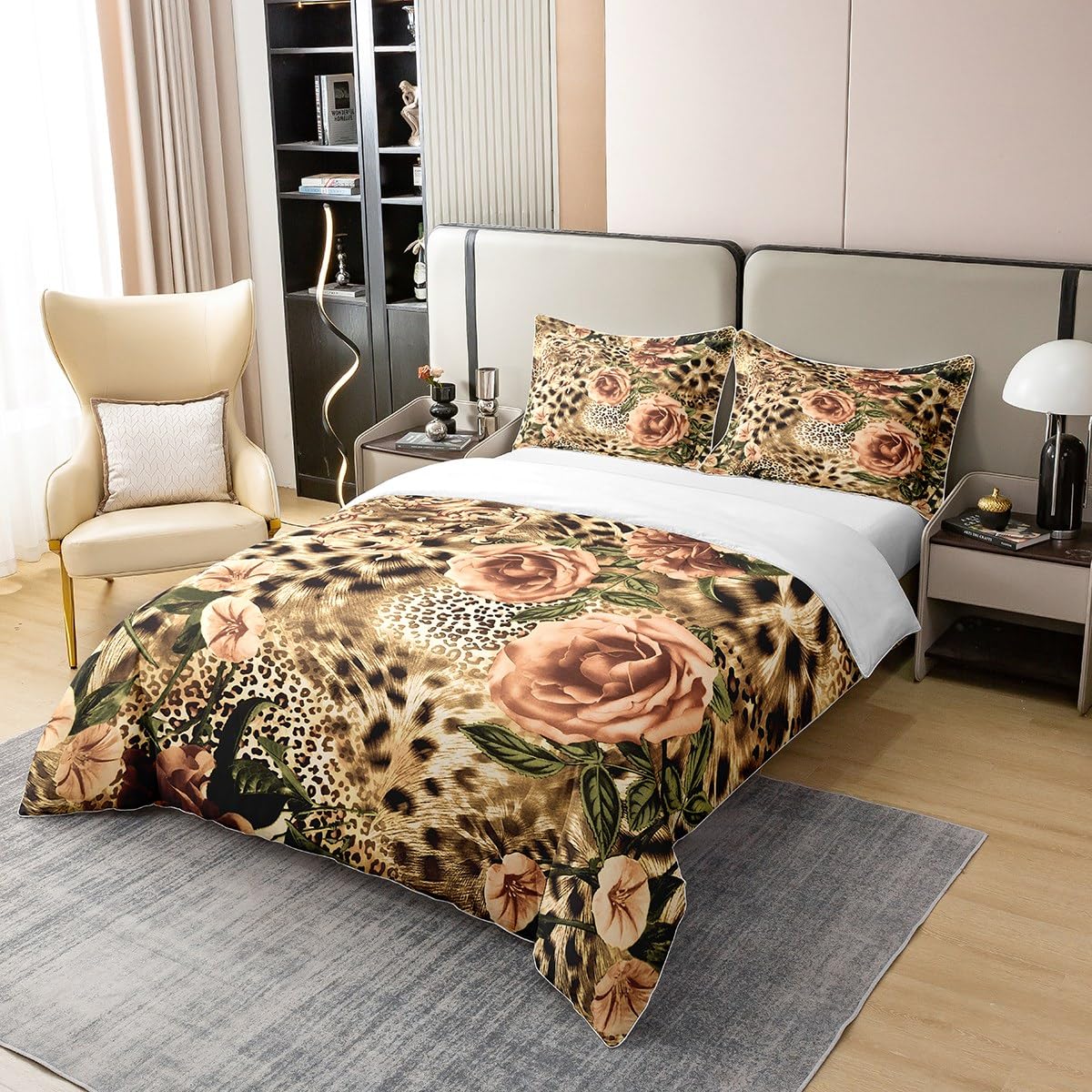 Erosebridal 100% Natural Cotton Leopard Duvet Cover King Rose Bedding Set for Kids Girls Women Boho Floral Brown Comfy Comforter Cover Cheetah Animal Pattern Soft Breathable Bedroom Decor Quilt Cover