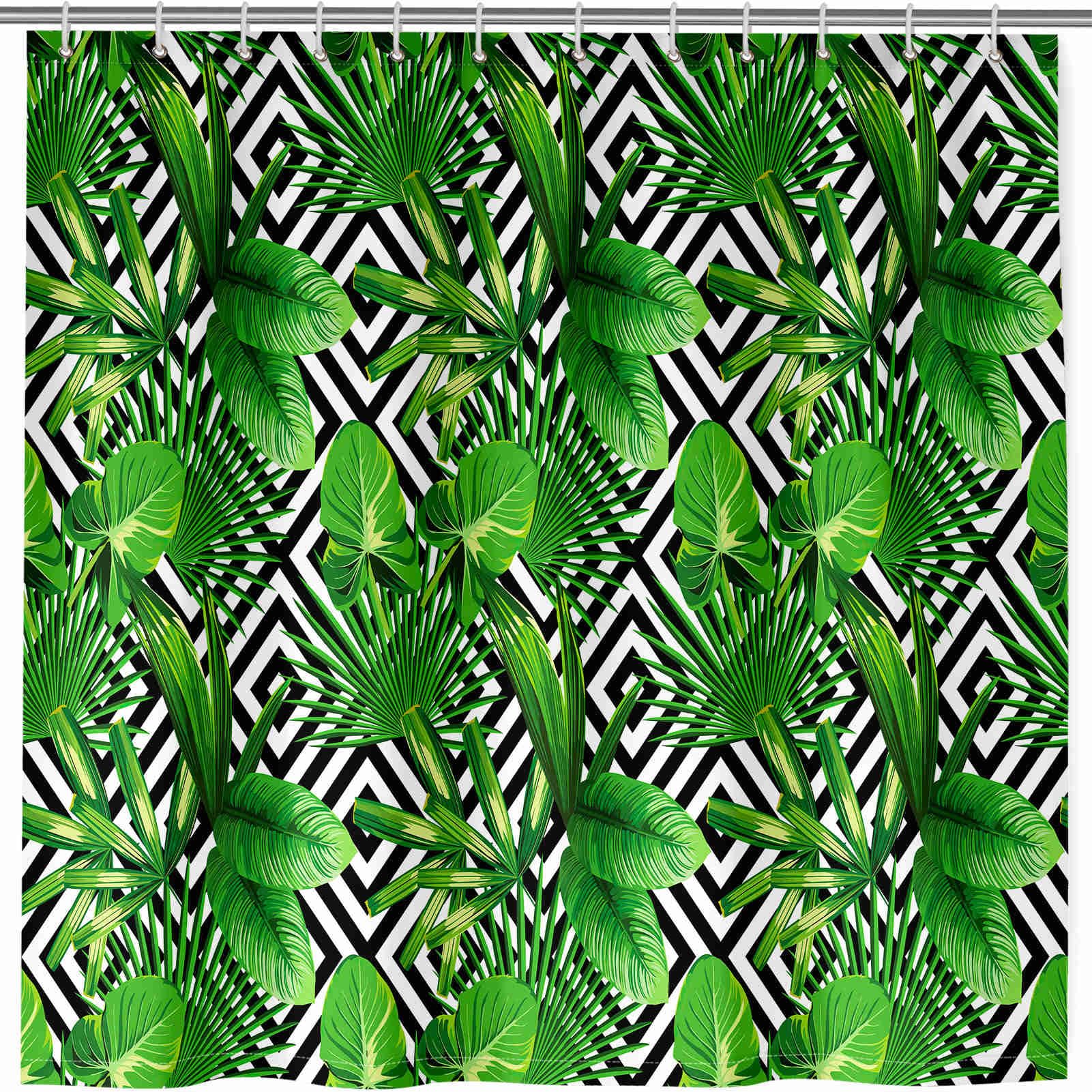 ANHOPE Tropical Shower Curtain Waterproof Polyester Fabric Bathroom Curtain Green Palm Leaf Lattice Bath Drapes Mould and Mildew Resistant Bathtub Decor Set with 12 Hooks 180 x 200 cm