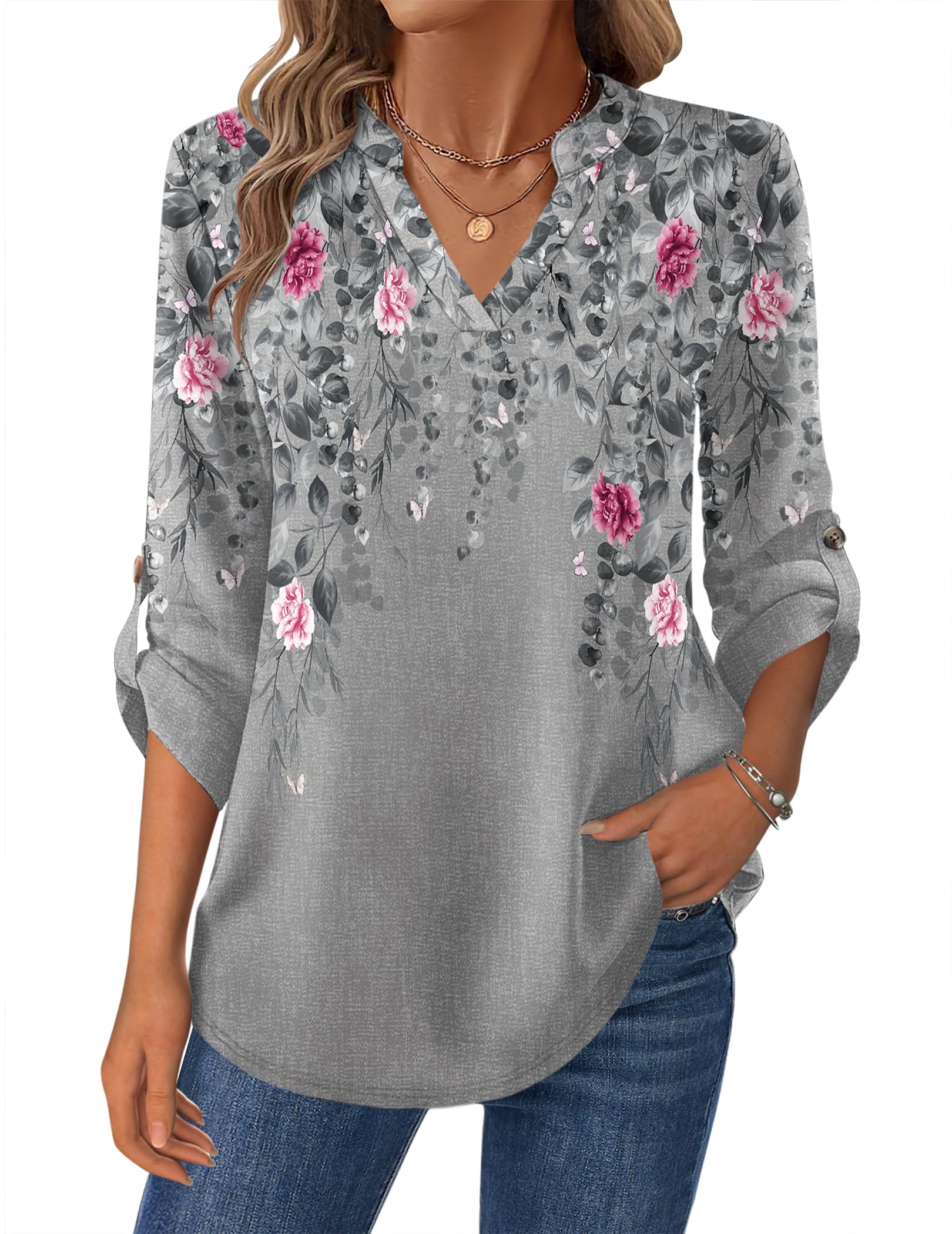 Zeagoo Womens Roll Up Long Sleeve Tops V Neck Shirts Dressy Casual Work Blouses S-2XL