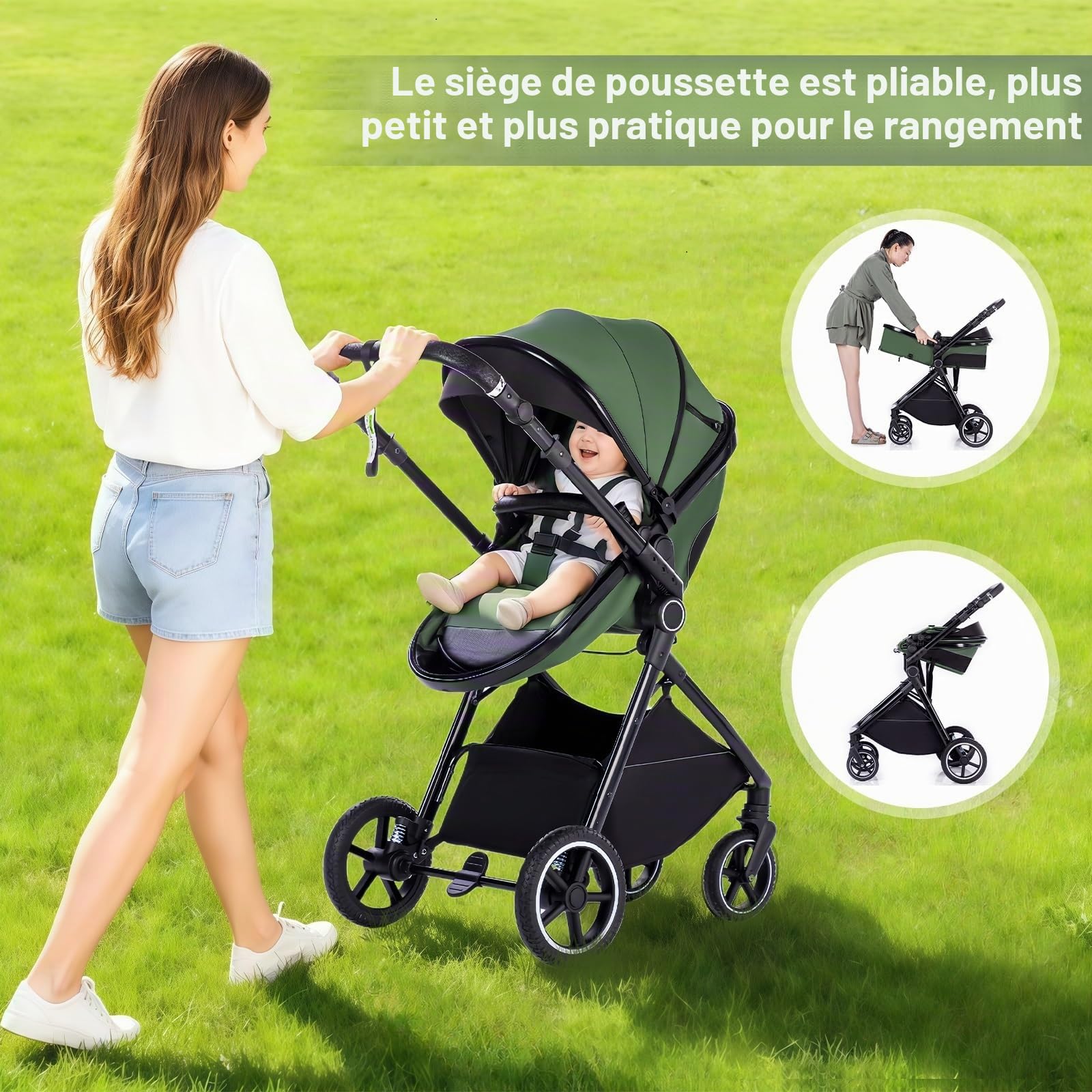 Gcarebb Système de voyage 3 en 1 avec poignée réglable en hauteur, poussette avec housse de pluie, poussette pour bébé avec cadre en aluminium pour nouveau-né