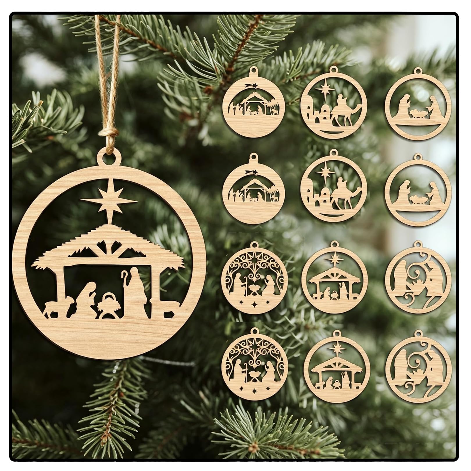 12pcs Nativity Scene Wooden Christmas Baubles for Crafts Tree Decor, 8cm