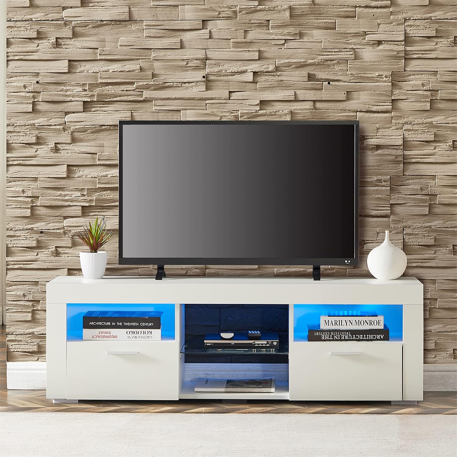 TV Stand with LED Light High Gloss Entertainment Center Modern Media Console Cabinet with Storage Wood TV Console Table for 55 inch TV, White