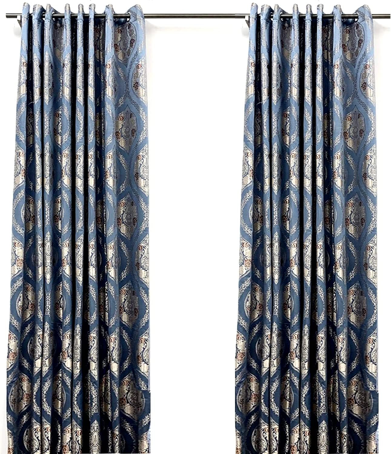 Ikiriska Extra Long Jacquard with Patterns Curtains 10-20 ft Drapes (Blue with Gold, 100" Wx216 L)