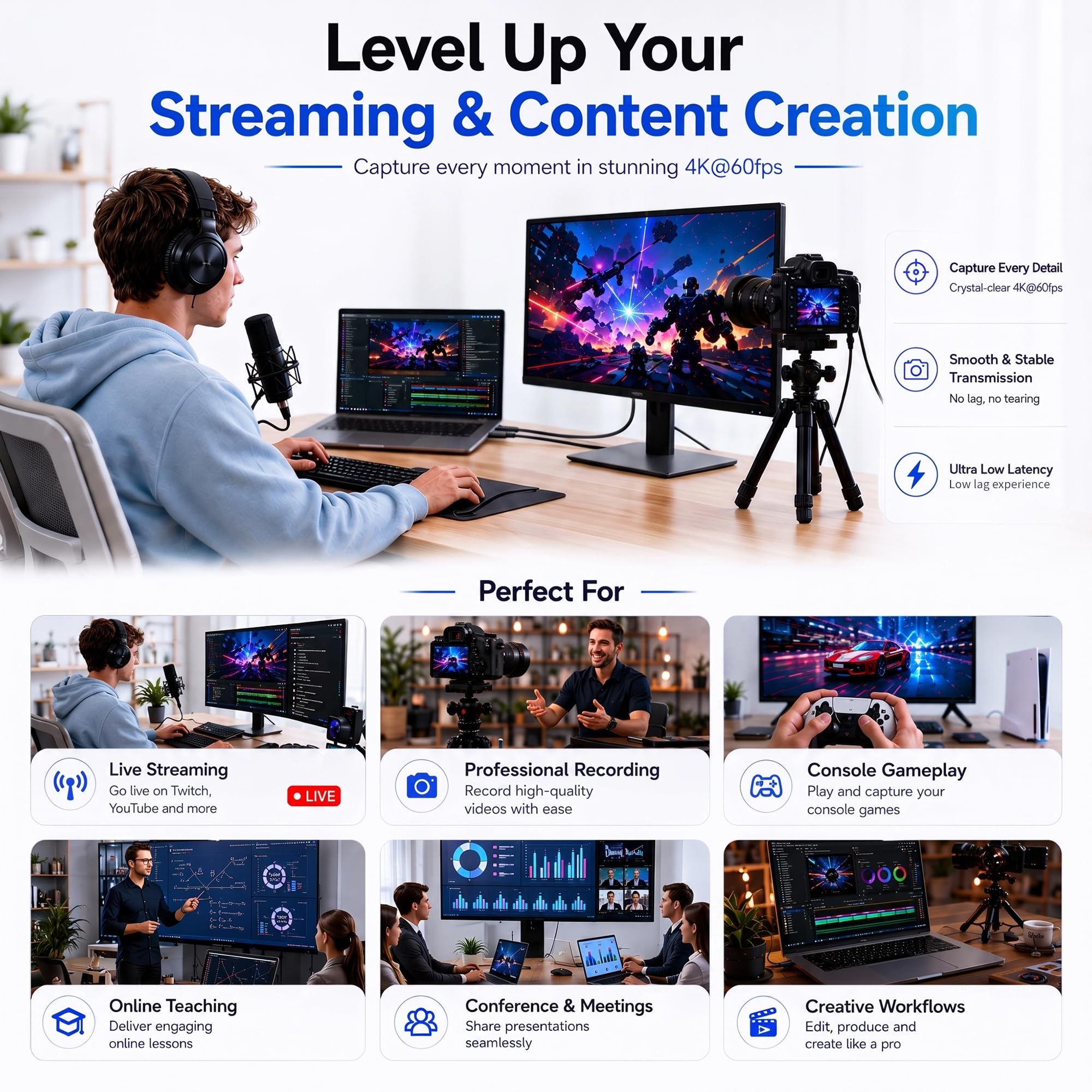 Guermok, Karta przechwytująca HDMI, 4K60FPS / 2K120FPS, czarny, streaming | Streaming, nagrywanie i granie z niskim opóźnieniem, Obsługuje konsole przenośne, Plug & Play bez sterowników, konsole domowe