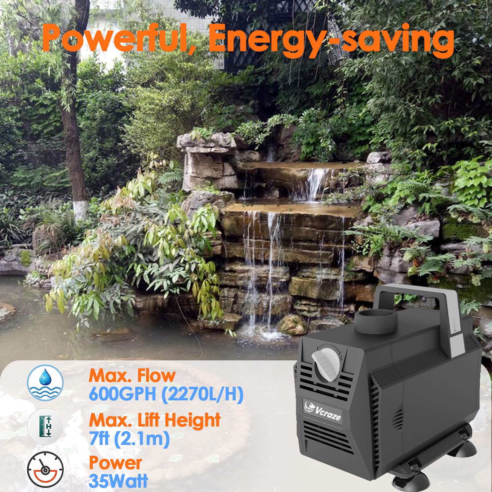 Bomba de agua sumergible de 600 GPH/35 W, bombas de fuente con control de flujo, bomba de estanque sumergible para exteriores con cable de alimentación de 3 núcleos de 10 pies para hidroponía,