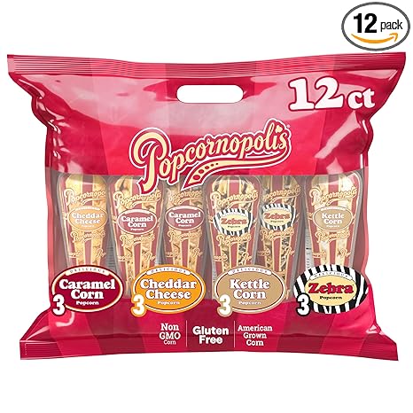 Popcornopolis Gourmet Popcorn Cone Variety Pack – Zebra, Cheddar Cheese, Caramel & Kettle Corn Popcorn, Great for Gifting & Sharing (12-Count)