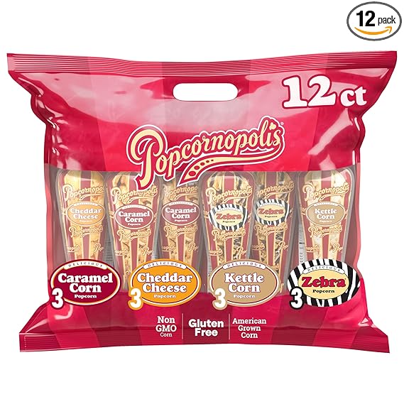Popcornopolis Gourmet Popcorn Cone Variety Pack – Zebra, Cheddar Cheese, Caramel & Kettle Corn Popcorn, Great for Gifting & Sharing (12-Count)