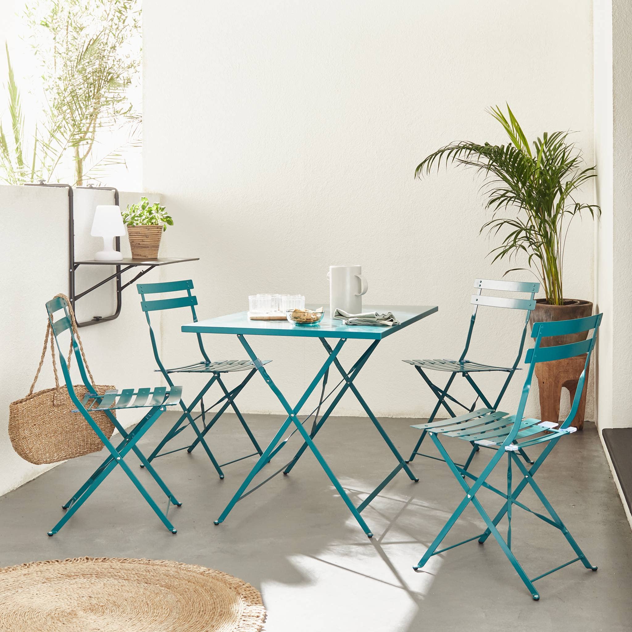 Alice's Garden Set Tavolo da Giardino Pieghevole in Acciaio con 4 sedie, 110cm Blu - 110x70x71 cm